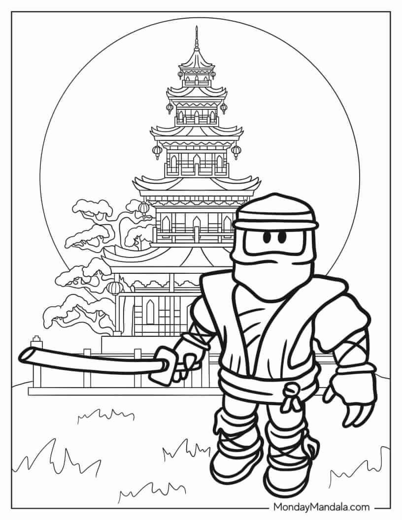 Roblox Neon Ninja In Front Of Japanese Castle coloring page