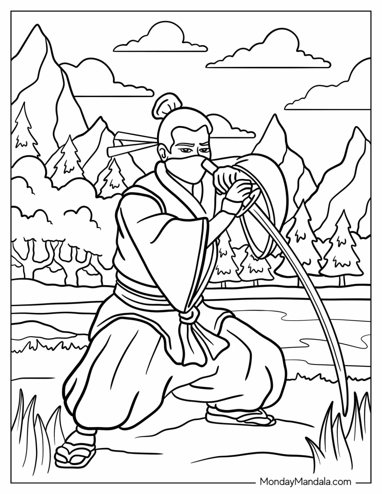 Seasoned Ninja In A Garden With Mountain Landscape coloring page — printable line art