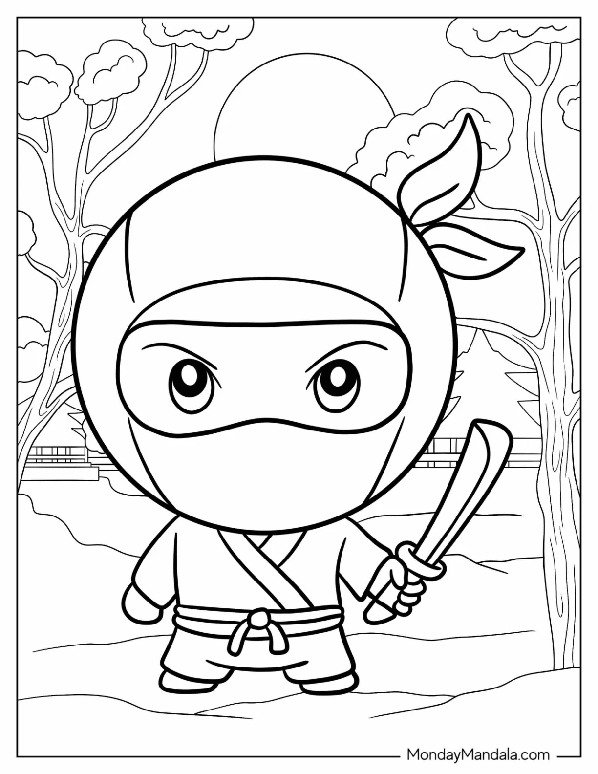 Serious Chibi Ninja With A Blade Coloring Sheet For Preschoolers coloring page — printable line art