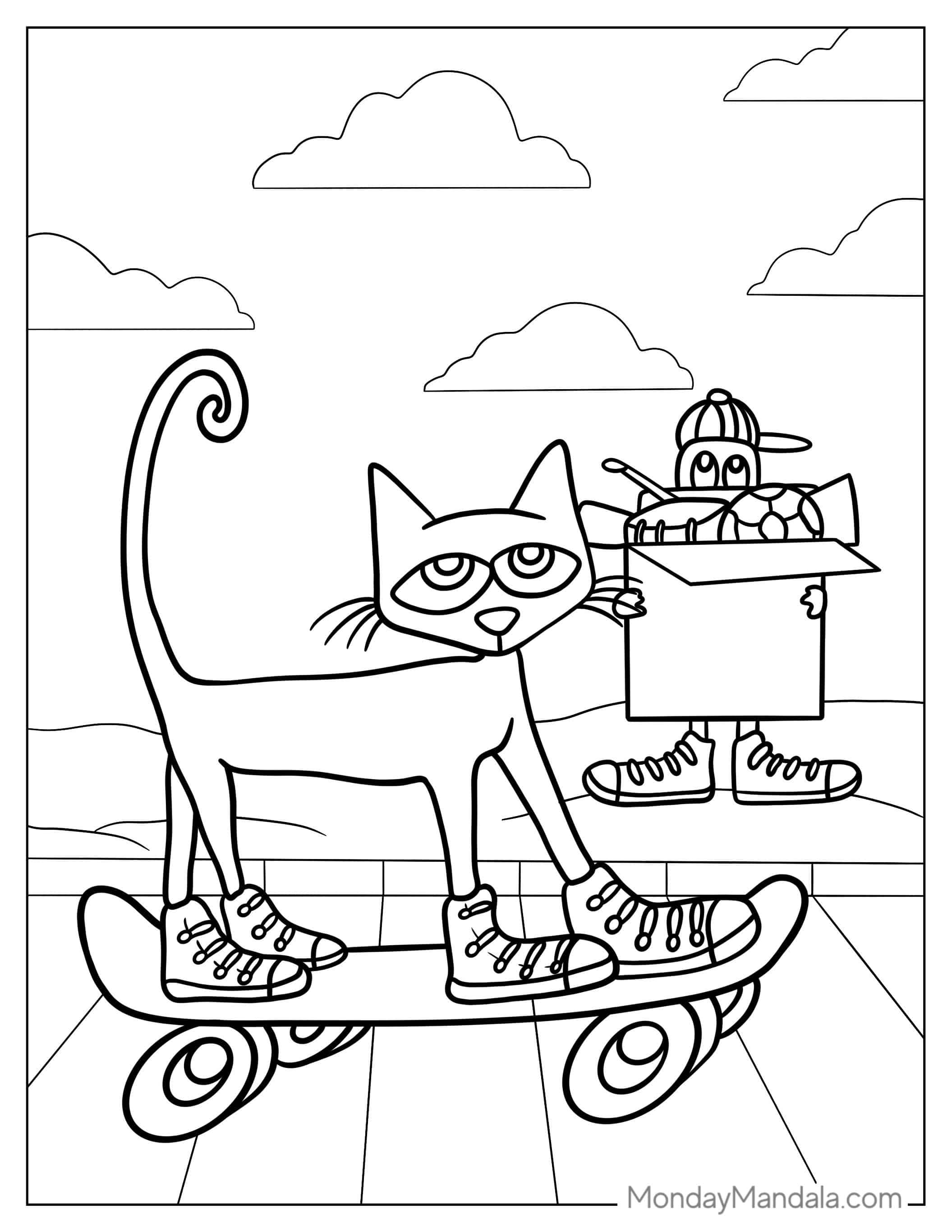 Pete The Cat Riding a Skateboard To Color coloring page