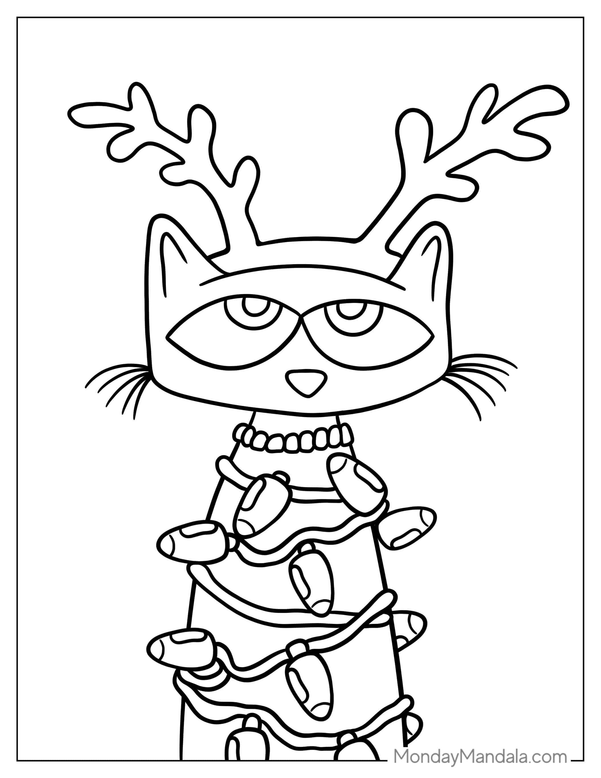 Pete The Cat Wrapped In Christmas Light And Antlers coloring page