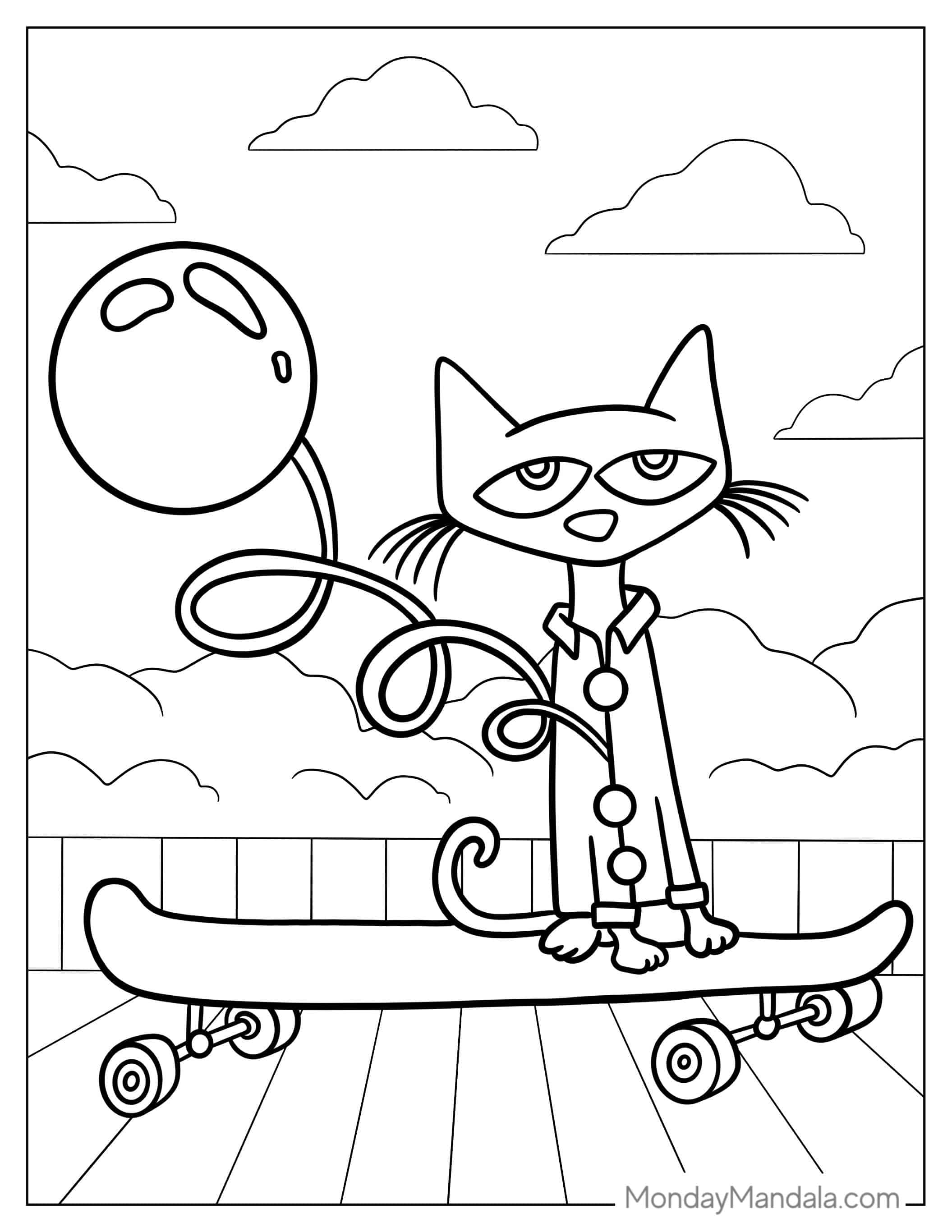 Talented Pete The Cat On a Skateboard Holding a Balloon coloring page