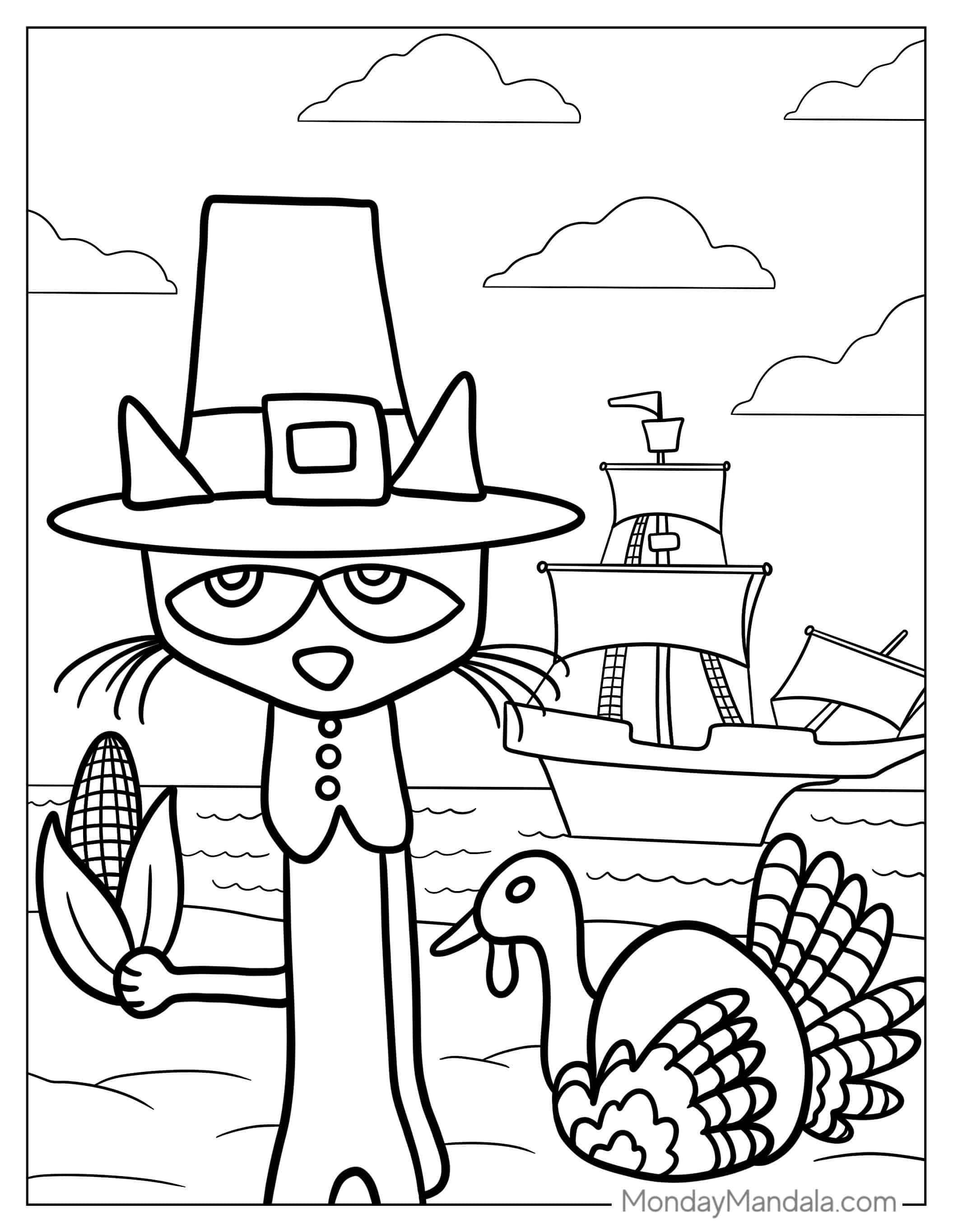 Thanksgiving Themed Pete The Cat Coloring Page coloring page