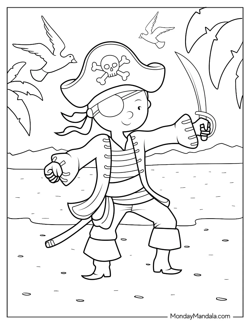 Cartoon Pirate Coloring Page With An Eyepatch For Kids coloring page — printable line art