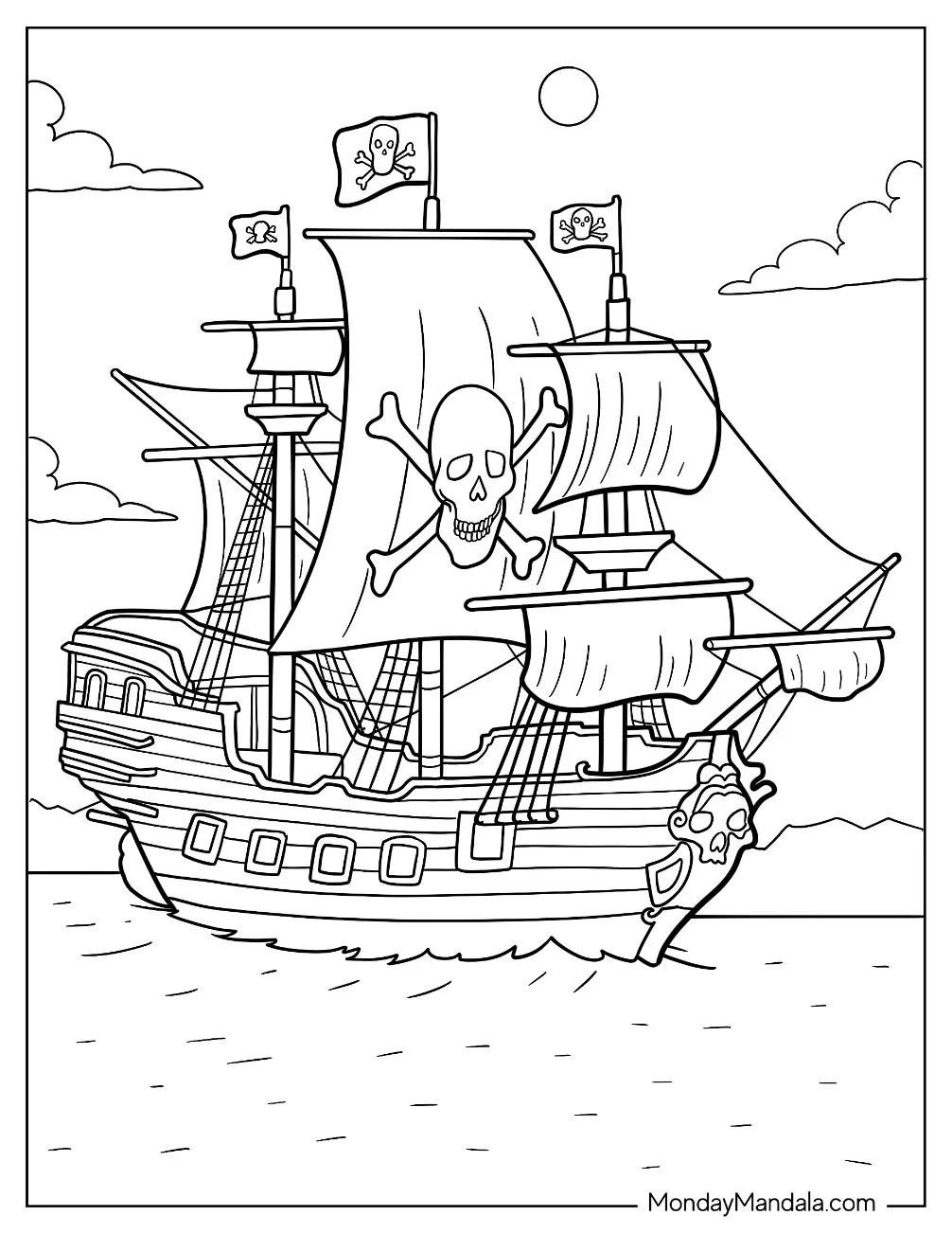 Detailed Pirate Coloring Page Ship At Sea coloring page — printable line art