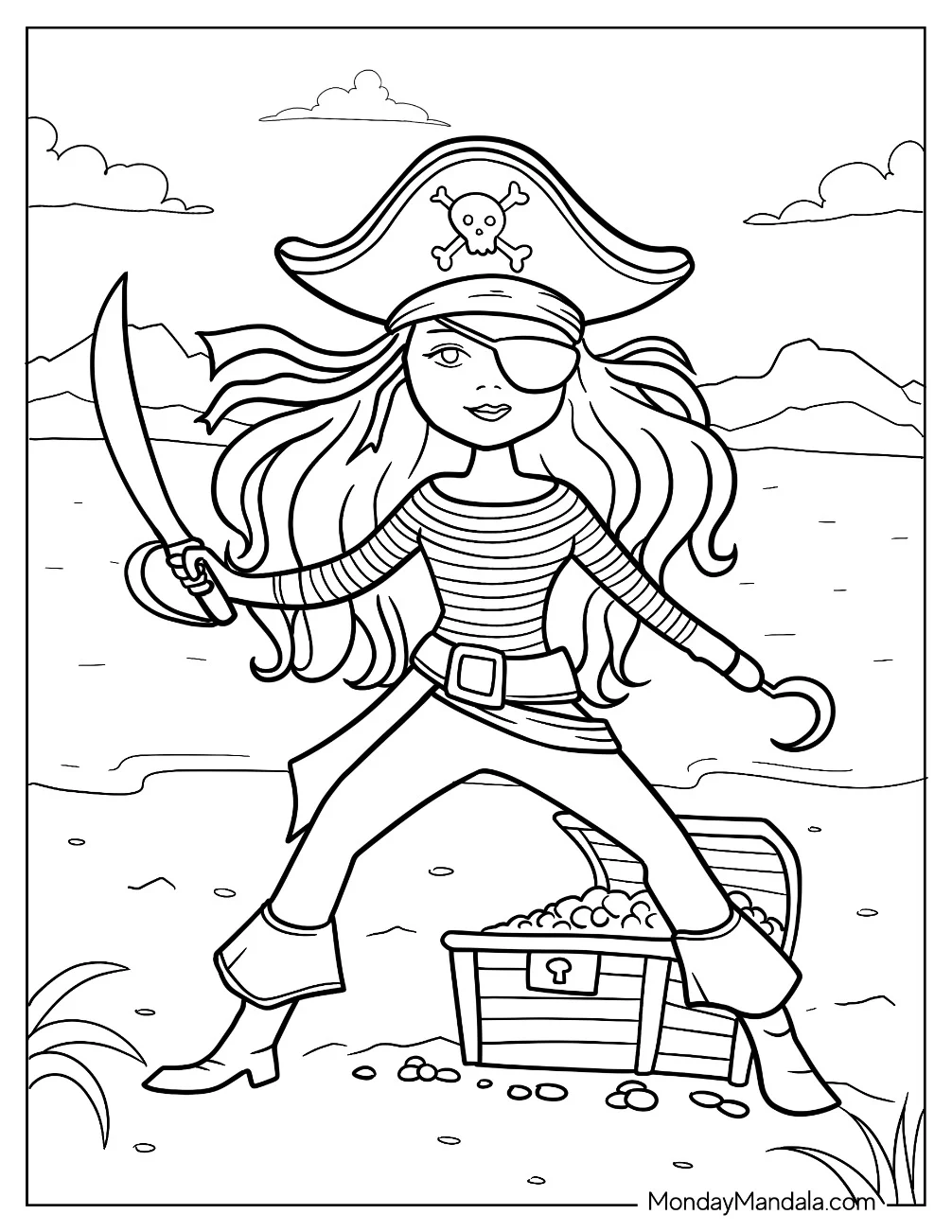 Female Pirate Coloring Page With Eyepatch, Sword, And Hook coloring page — printable line art