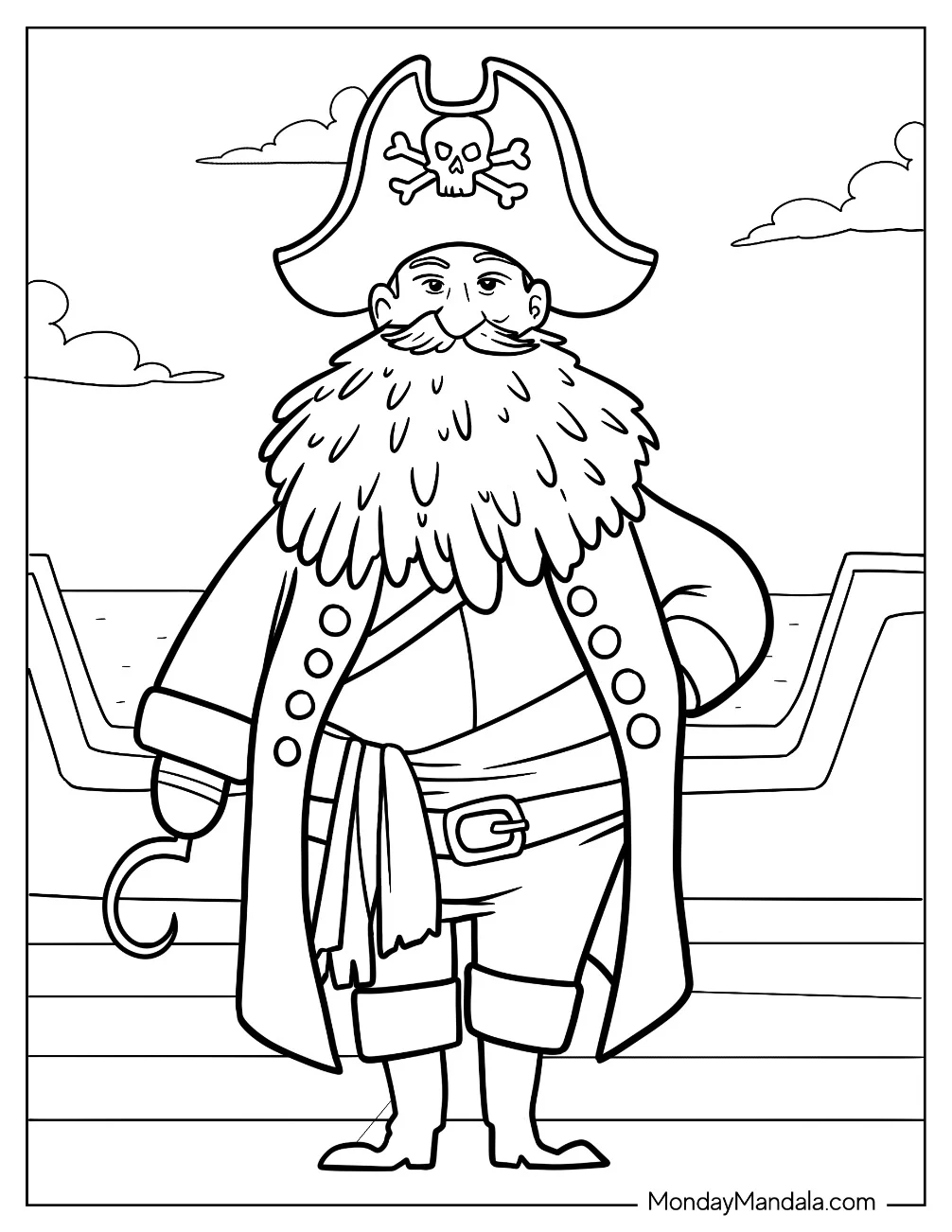 Friendly Pirate Coloring Page With Hook For A Hand For Kids coloring page — printable line art