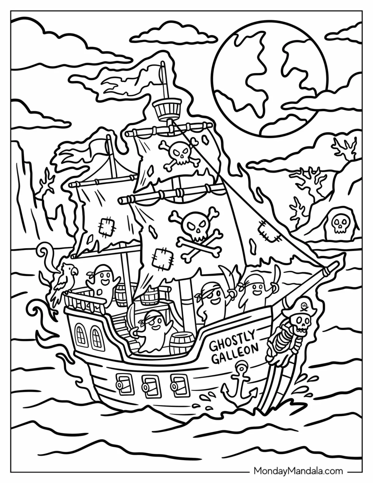 Ghostly Pirate Ship Sailing Beneath a Full Moon Coloring Page coloring page — printable line art