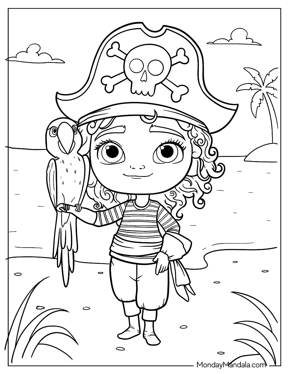Kawaii Female Pirate Coloring Page With A Parrot For Preschoolers coloring page — printable line art
