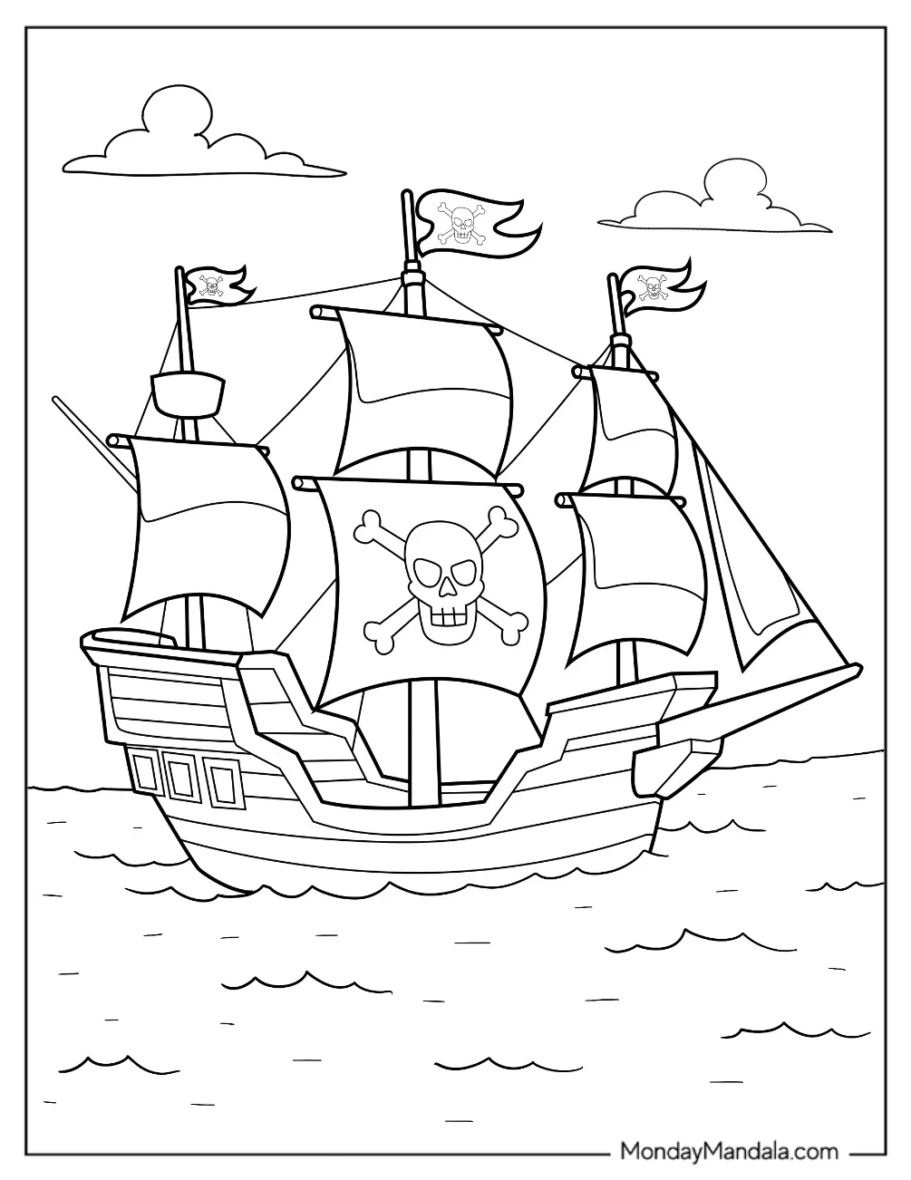 Large Pirate Coloring Page Ship At Sea coloring page — printable line art