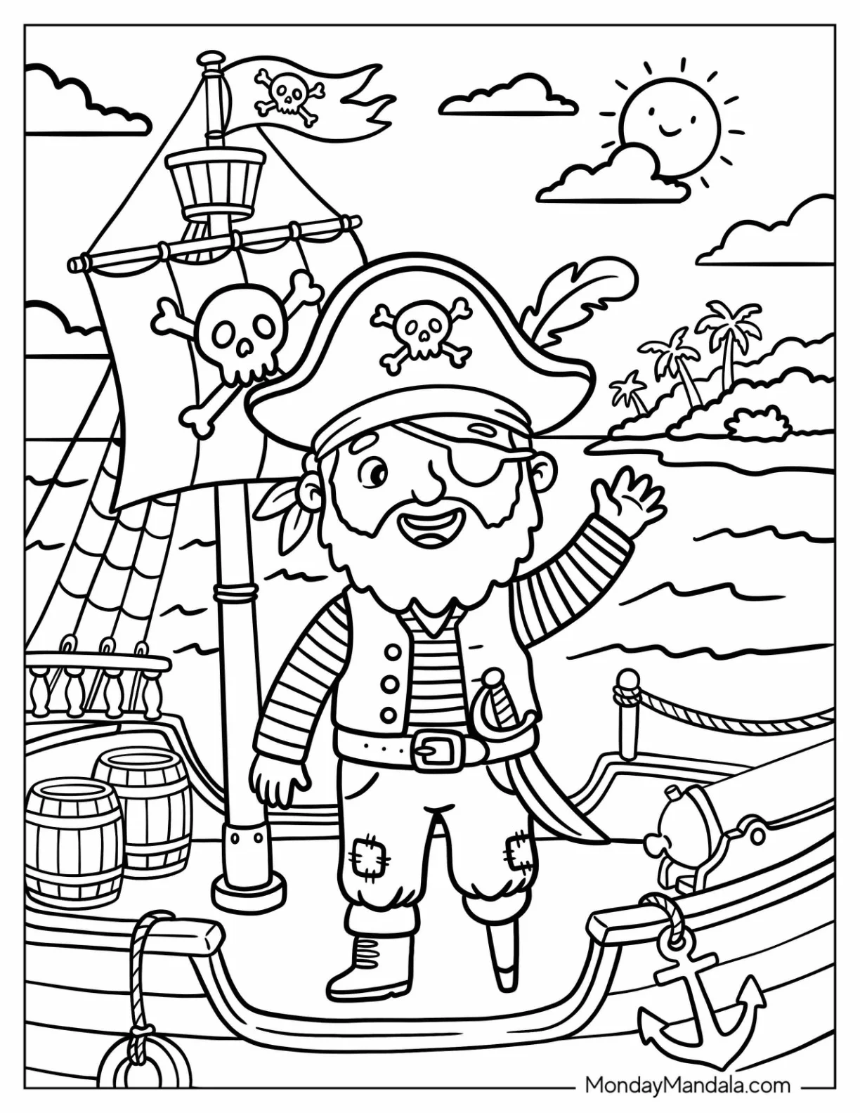 One Eyed Pirate Waving Aboard His Ship Coloring Page for Kids coloring page — printable line art