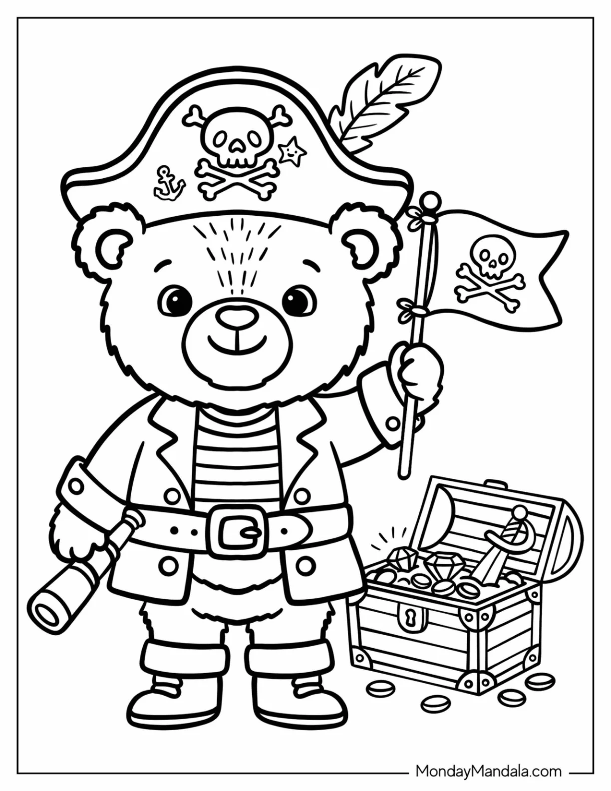 Pirate Bear Holding a Flag Beside a Treasure Chest Coloring Page for Kids coloring page