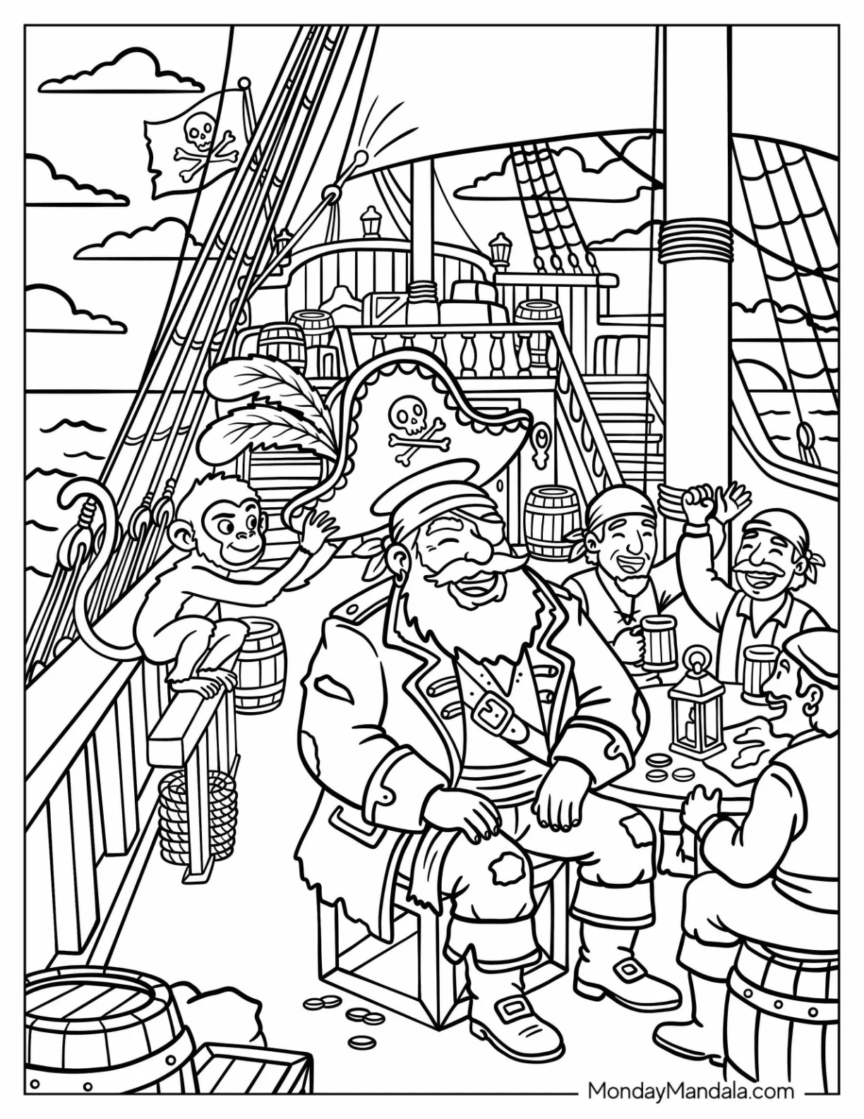 Pirate Captain Celebrating with His Crew Aboard Their Ship coloring page — printable line art