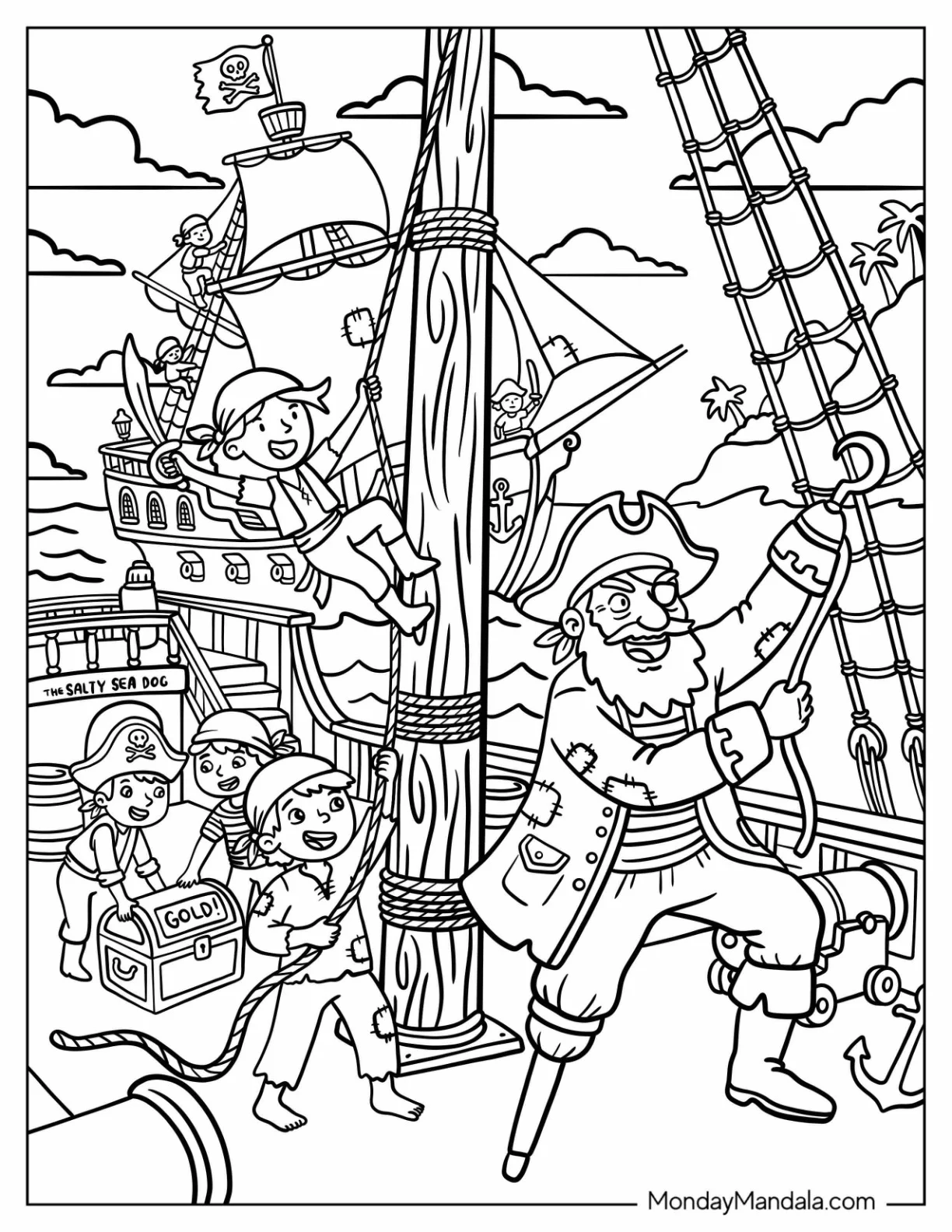 Pirate Captain Guarding Treasure Aboard a Sailing Ship Coloring Page coloring page