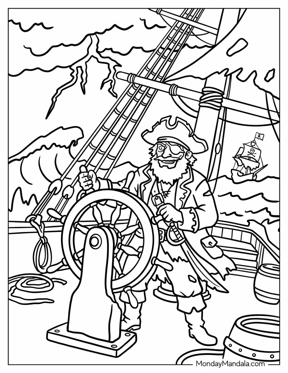 Pirate Captain Steering a Ship Through a Storm Coloring Page coloring page — printable line art