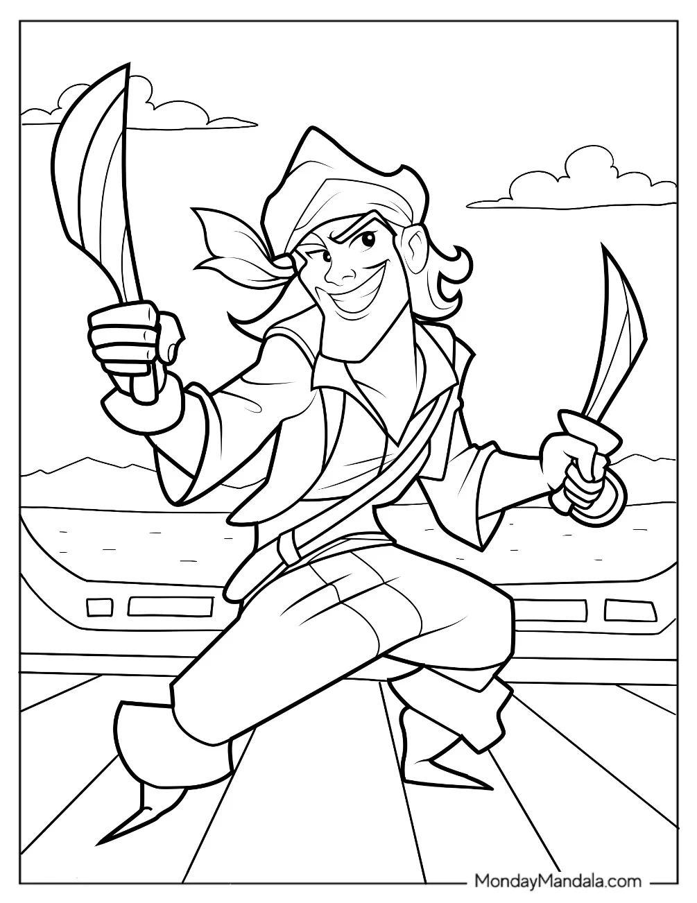 Pirate Coloring Page Holding Up Two Daggers For Kids coloring page