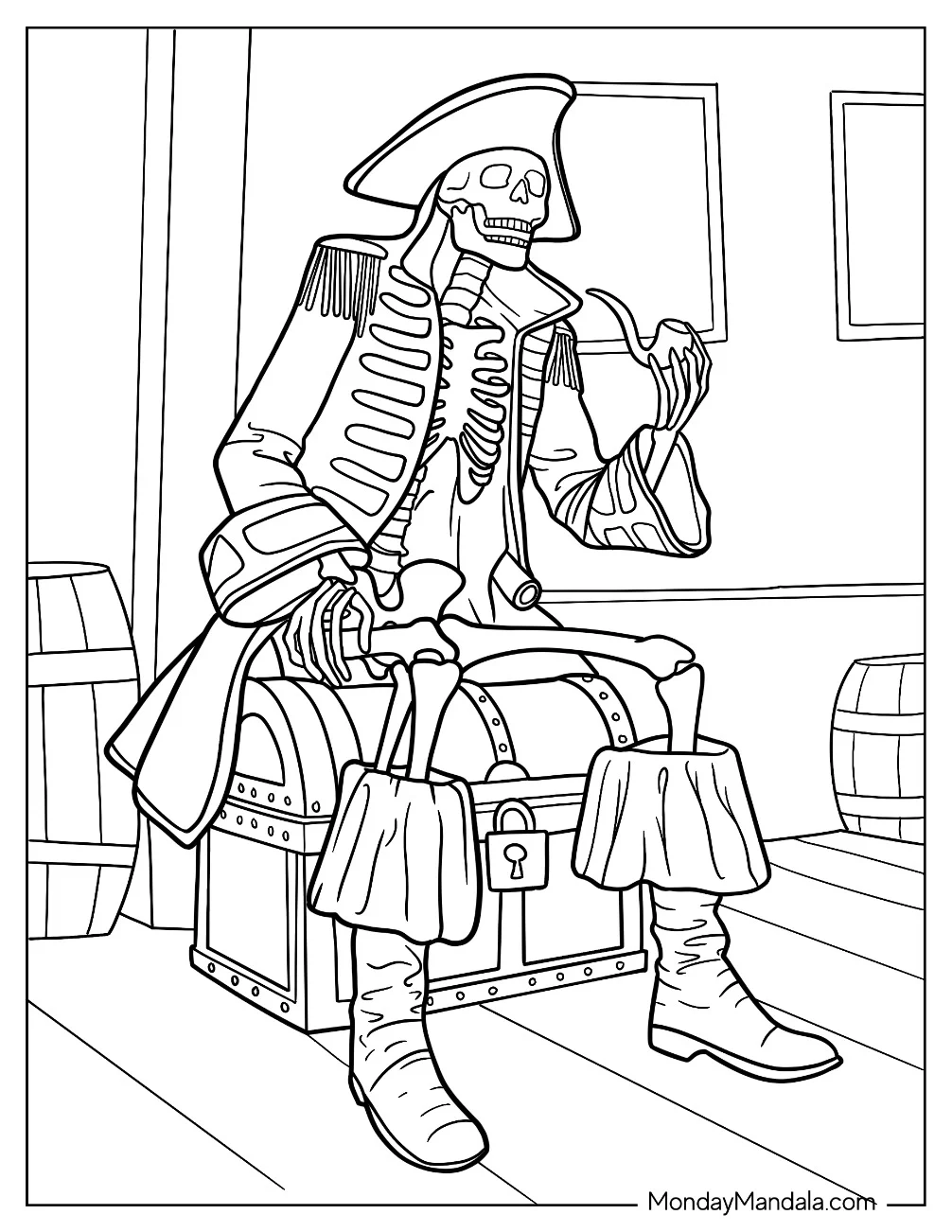 Pirate Coloring Page Skeleton With Hat, Cloak, And Pipe coloring page — printable line art