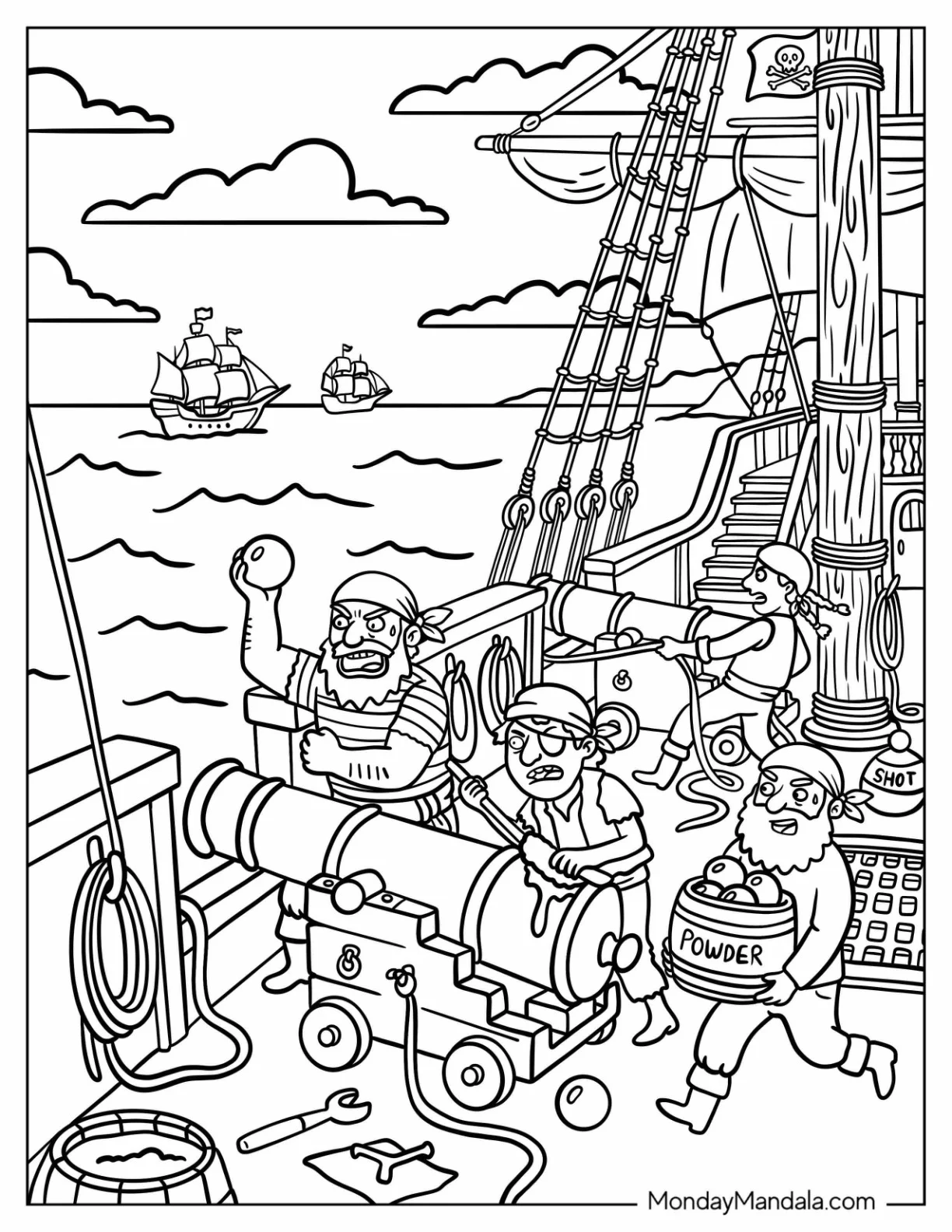 Pirate Crew Loading a Cannon Aboard Their Ship coloring page — printable line art