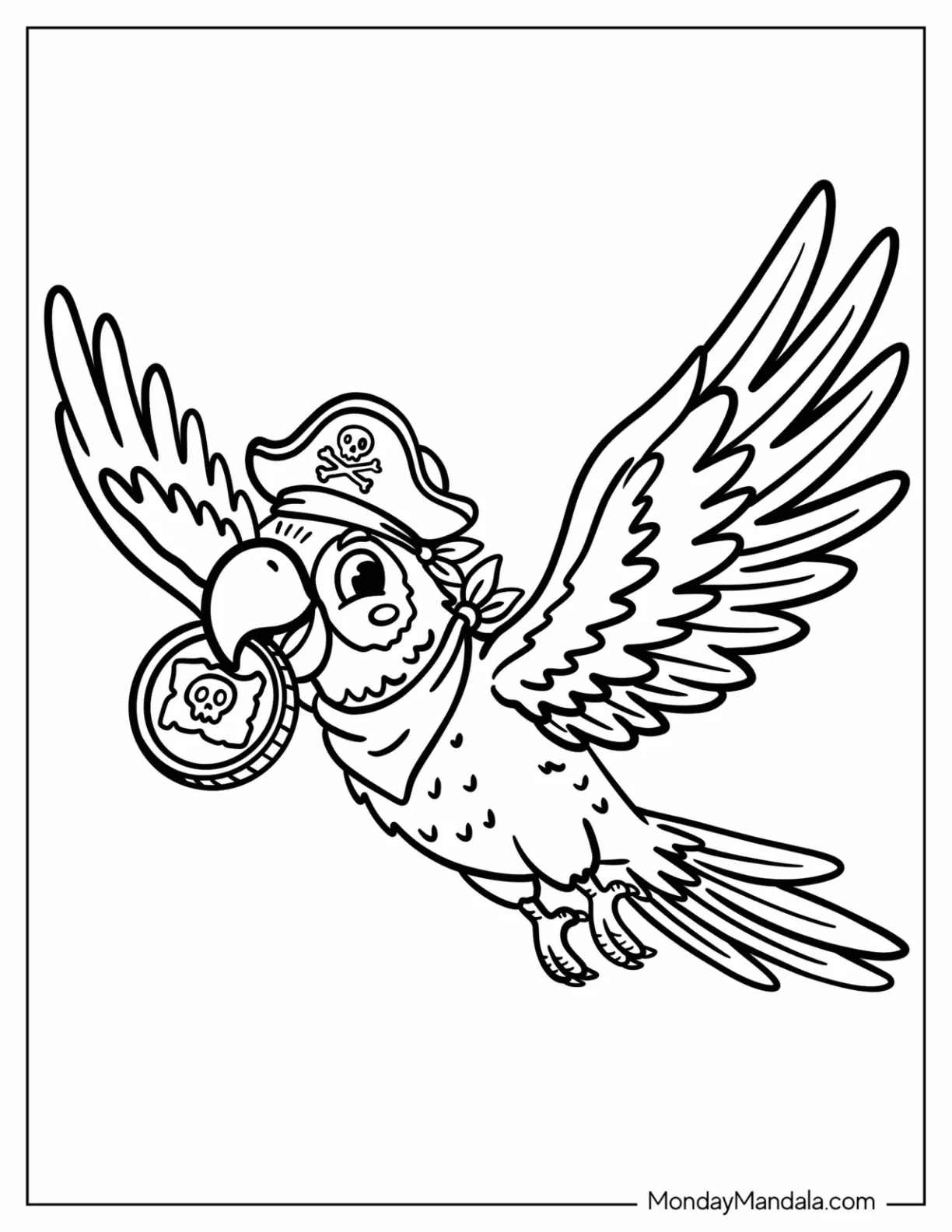 Pirate Parrot Flying with a Gold Coin Coloring Page for Kids coloring page