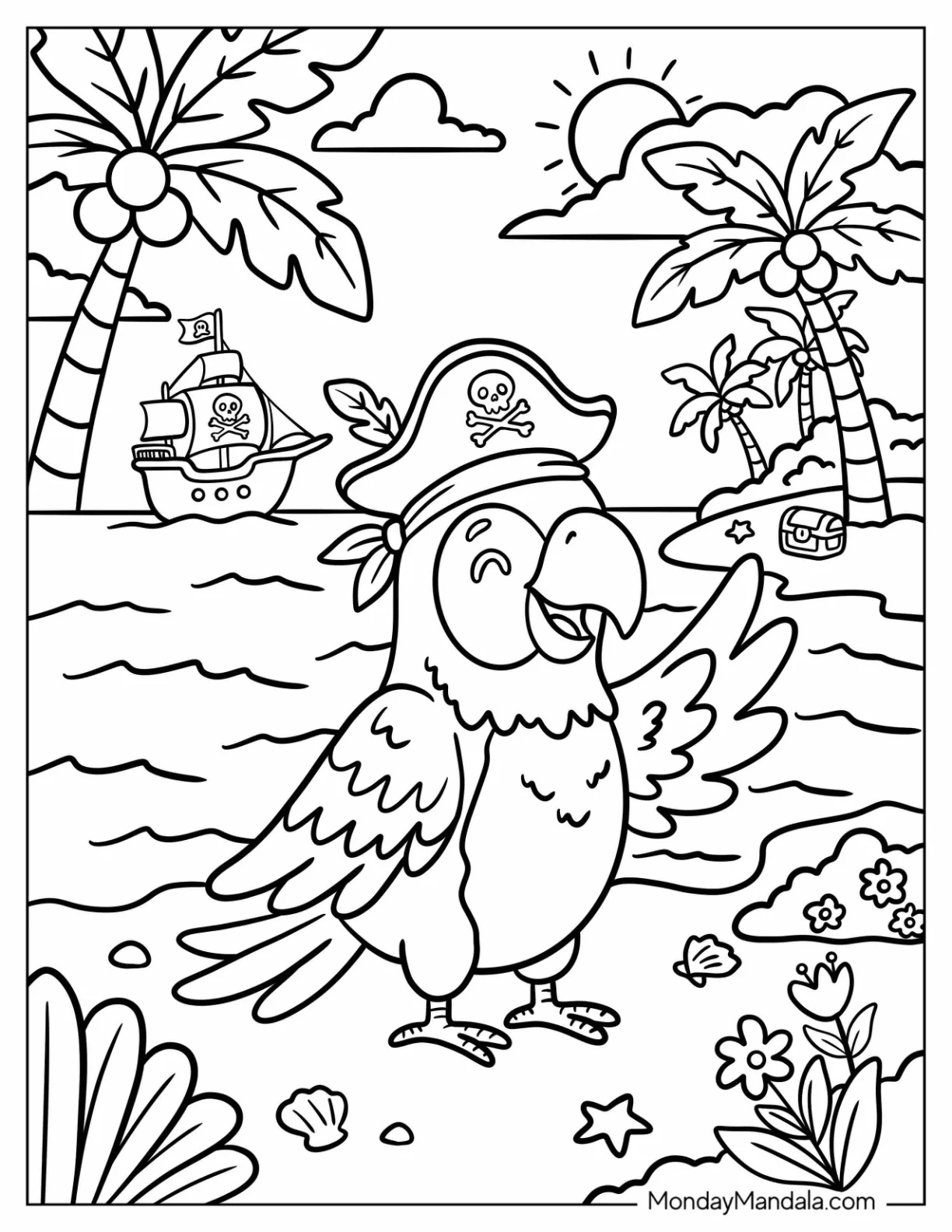 Pirate Parrot Waving on a Tropical Beach Coloring Page coloring page