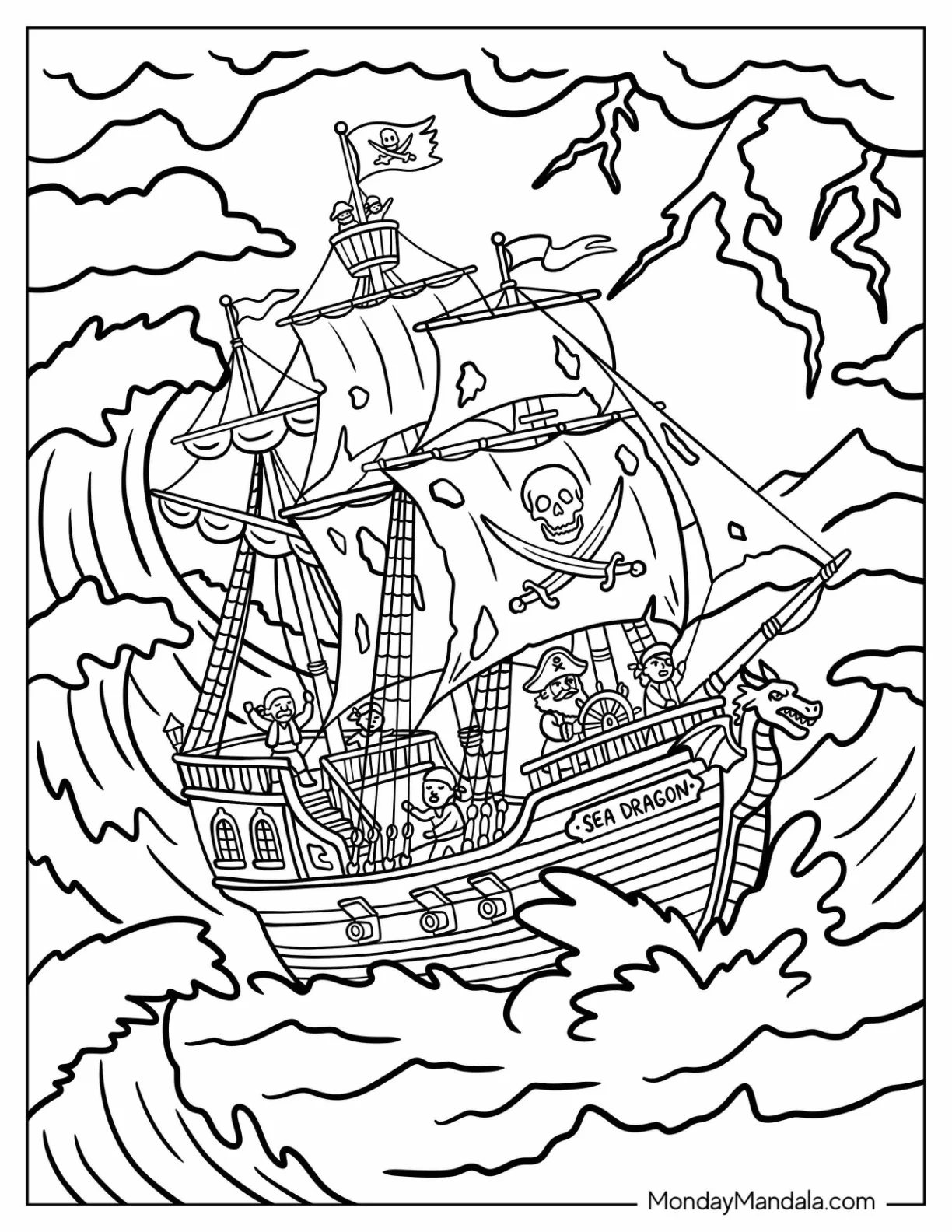 Pirate Ship Sailing Through Giant Storm Waves Coloring Sheet coloring page — printable line art