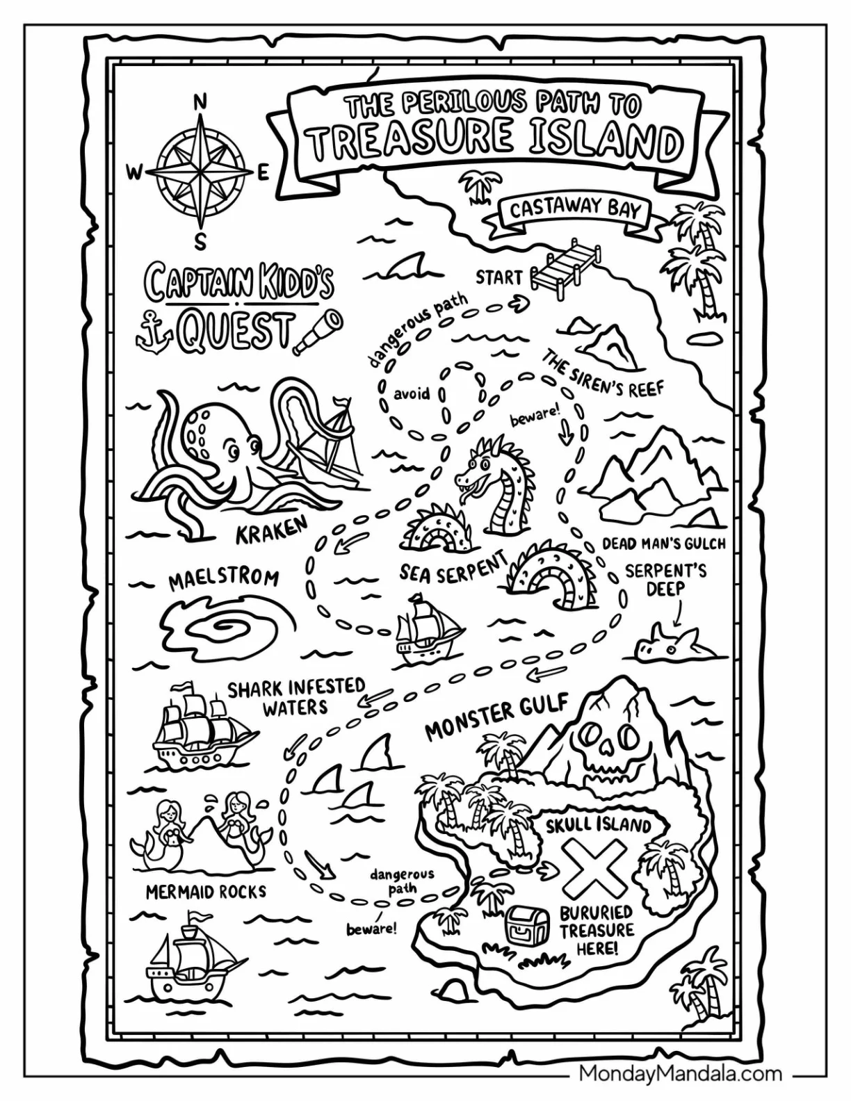 Pirate Treasure Map Filled with Sea Monsters and Hidden Dangers coloring page