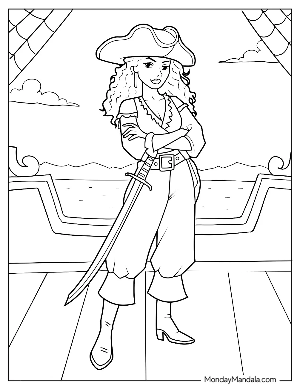Pretty Female Pirate Coloring Page coloring page — printable line art
