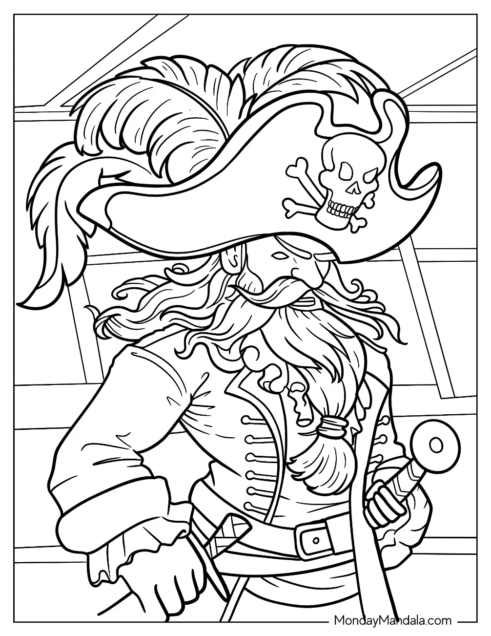 Scary Pirate Coloring Page With Large Hat And Long Beard coloring page — printable line art