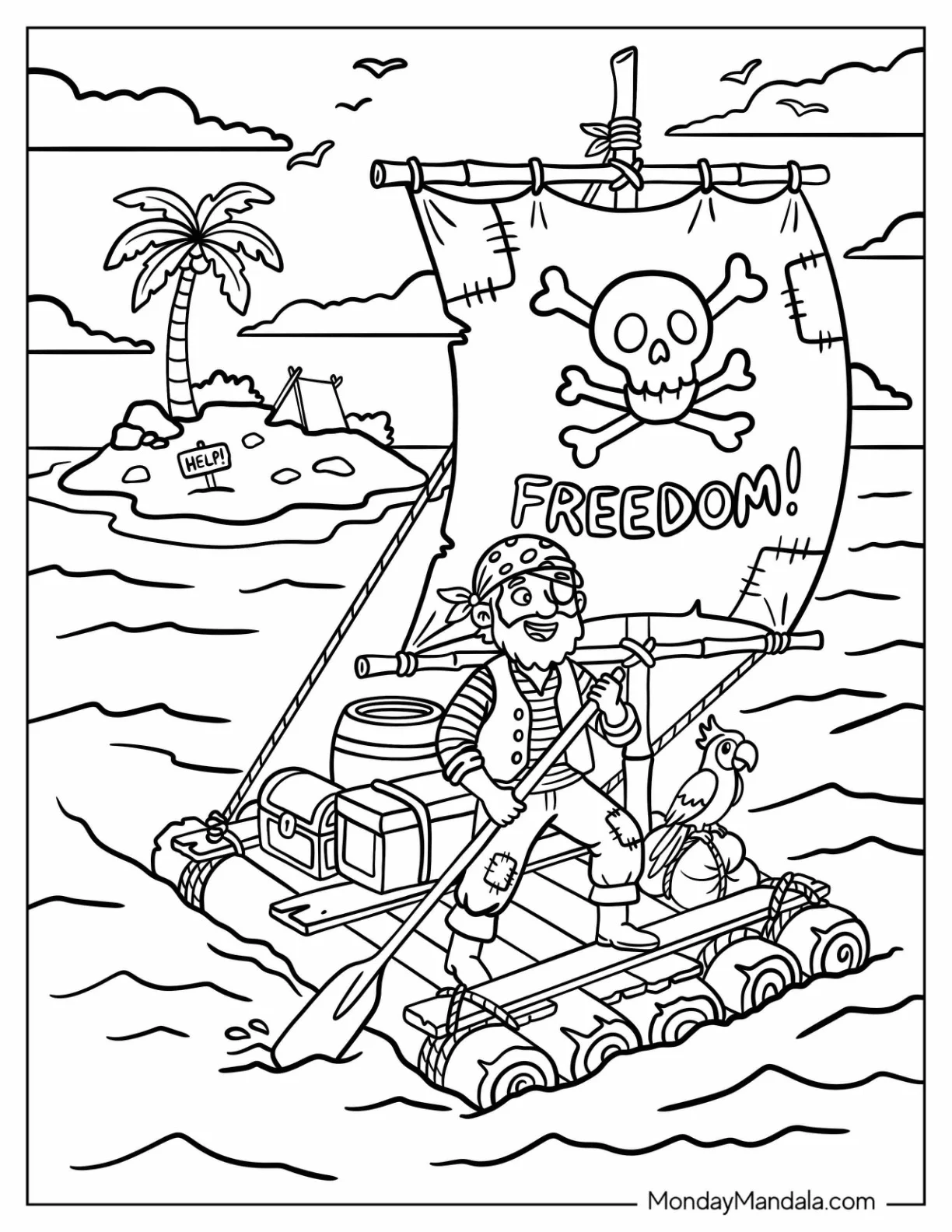 Shipwrecked Pirate Sailing a Raft Toward a Deserted Island Coloring Page coloring page