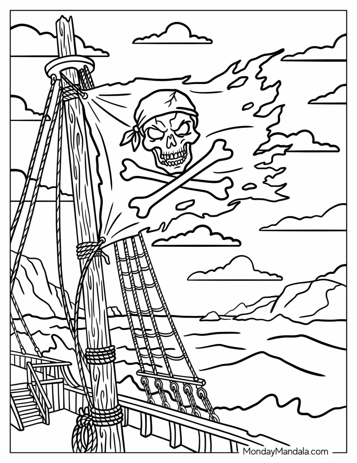 Skull and Crossbones Pirate Flag Flying Above a Ship Coloring Page coloring page