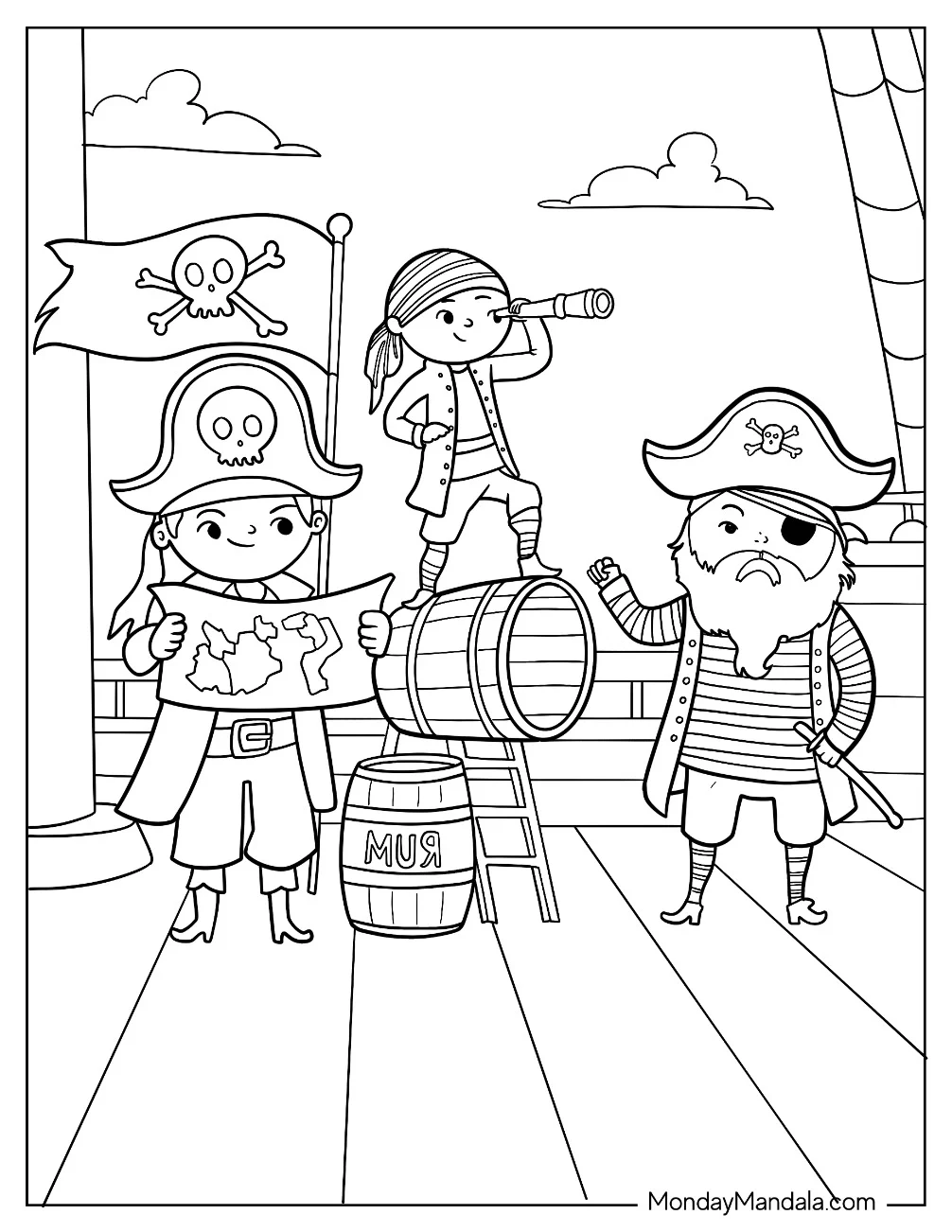 Three Chibi Pirate Coloring Page On Deck With A Map And A Telescope coloring page — printable line art