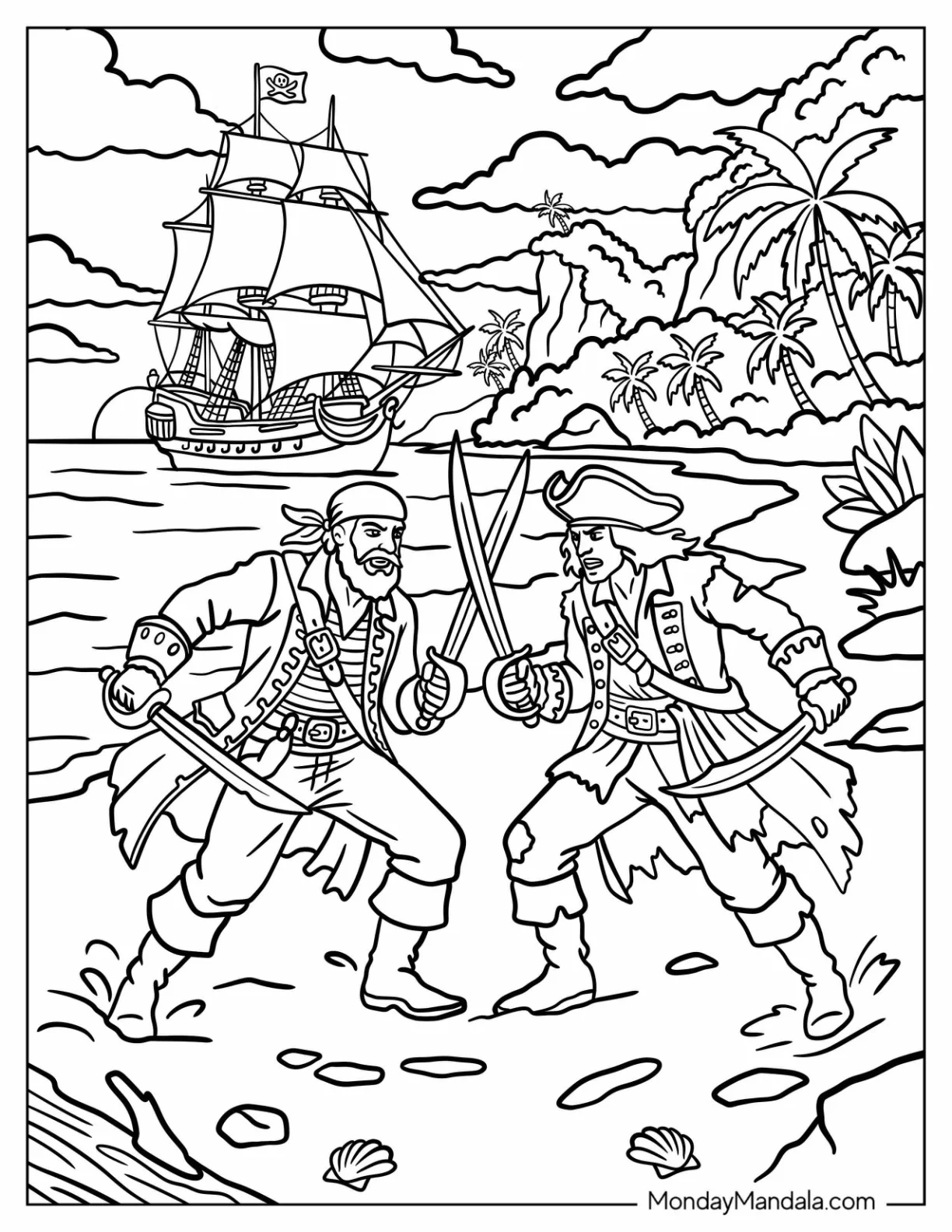 Two Pirates Sword Fighting on a Tropical Island Coloring Page coloring page