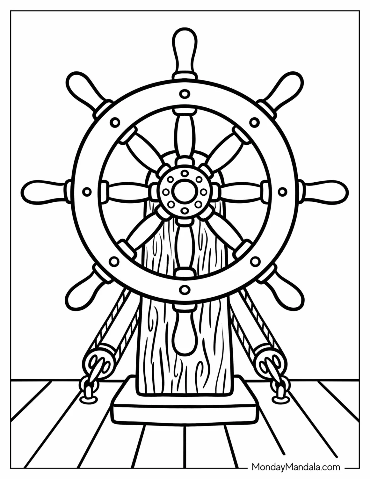 Wooden Pirate Ship Steering Wheel Coloring Page for Kids coloring page