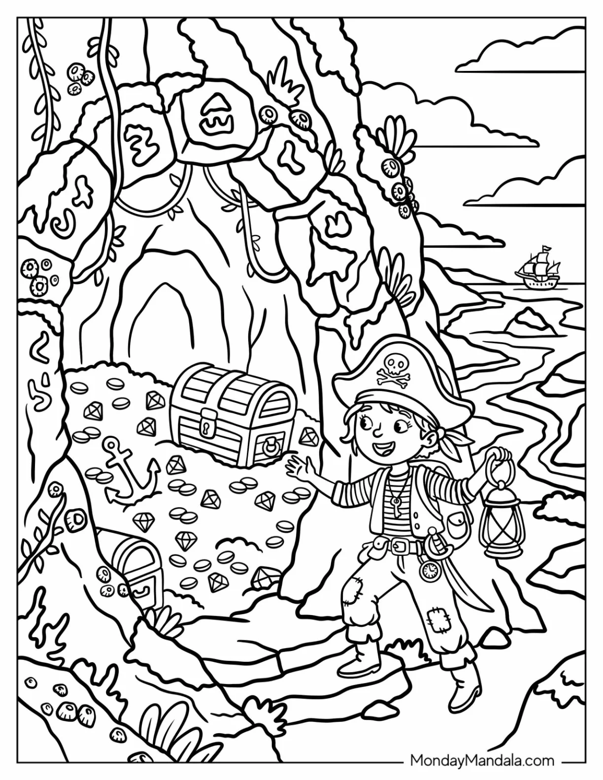 Young Pirate Discovering a Treasure Chest Inside a Coastal Cave Coloring Page coloring page
