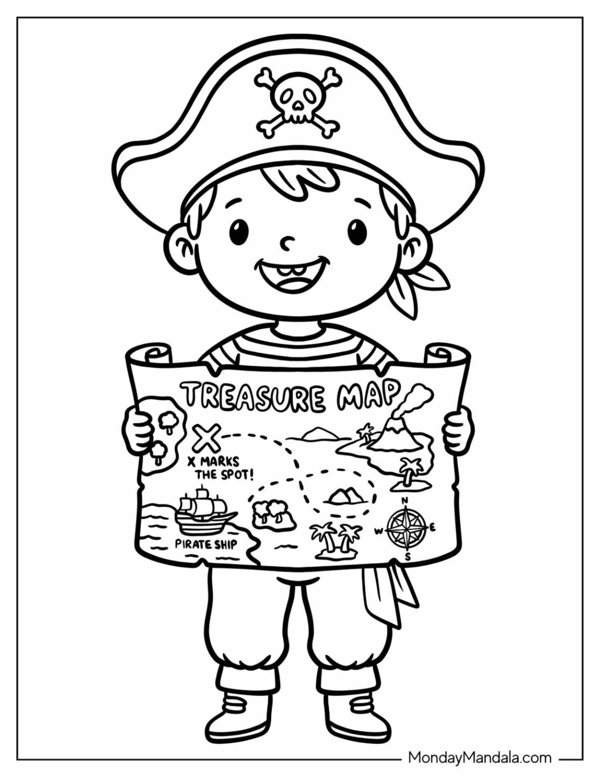 Young Pirate Holding a Treasure Map Coloring Page for Kids coloring page