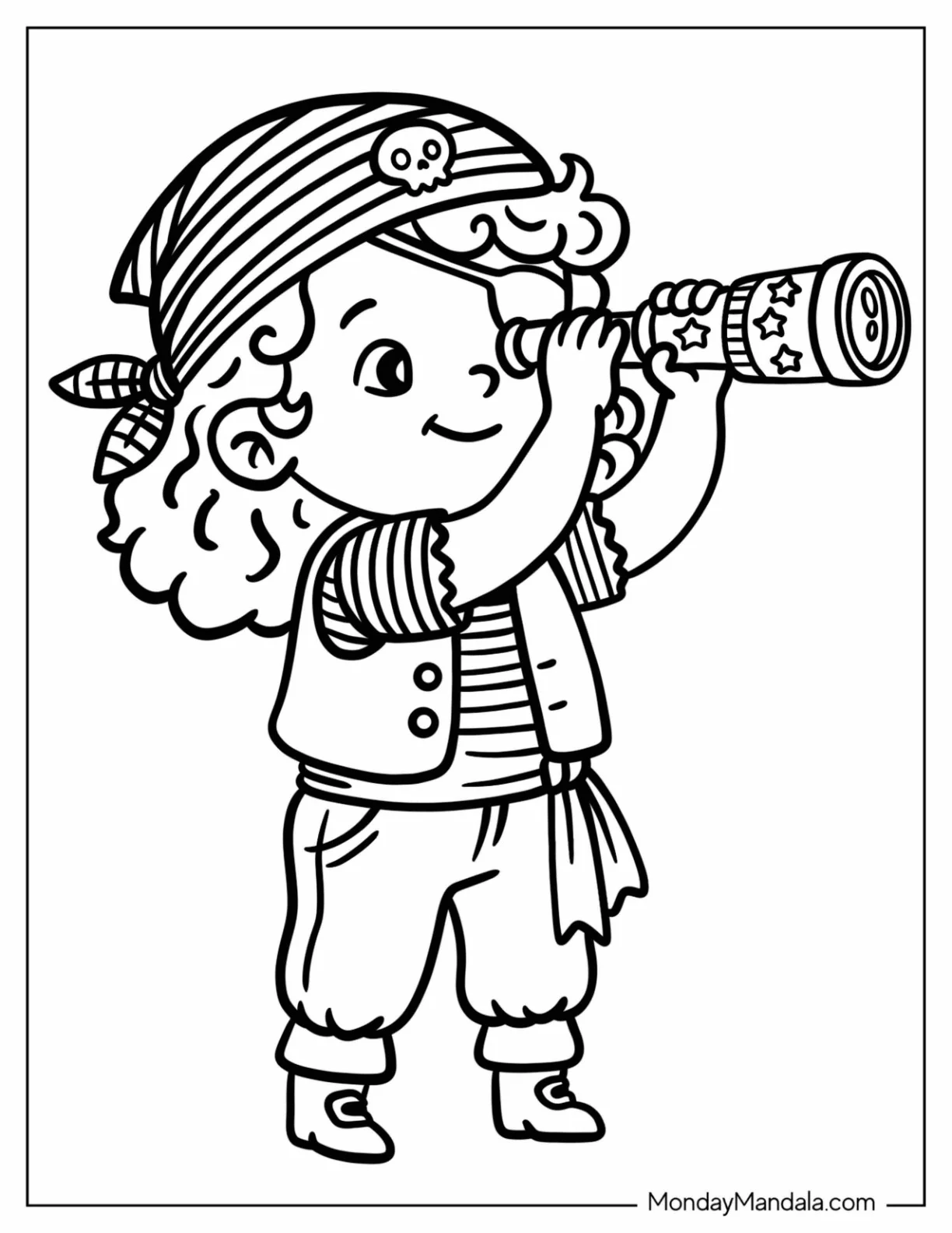 Young Pirate Looking Through a Spyglass Coloring Page for Kids coloring page