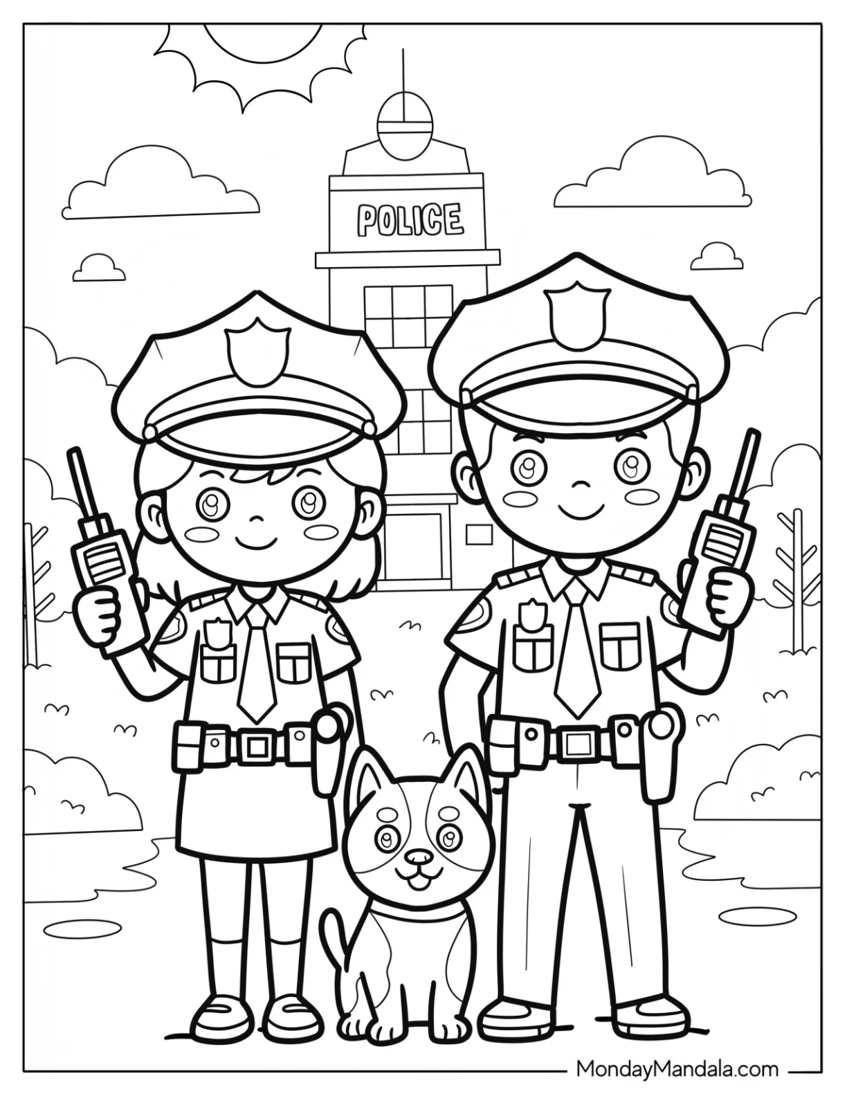 Boy and Girl Police Coloring Page in Front of Station with K 9 coloring page