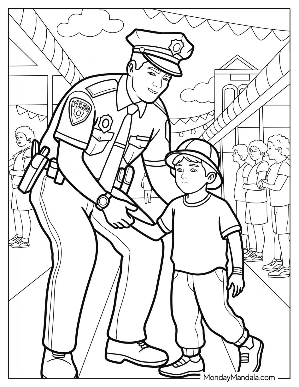 Caring Police Coloring Page Officer Helping Lost Child at Public Event coloring page