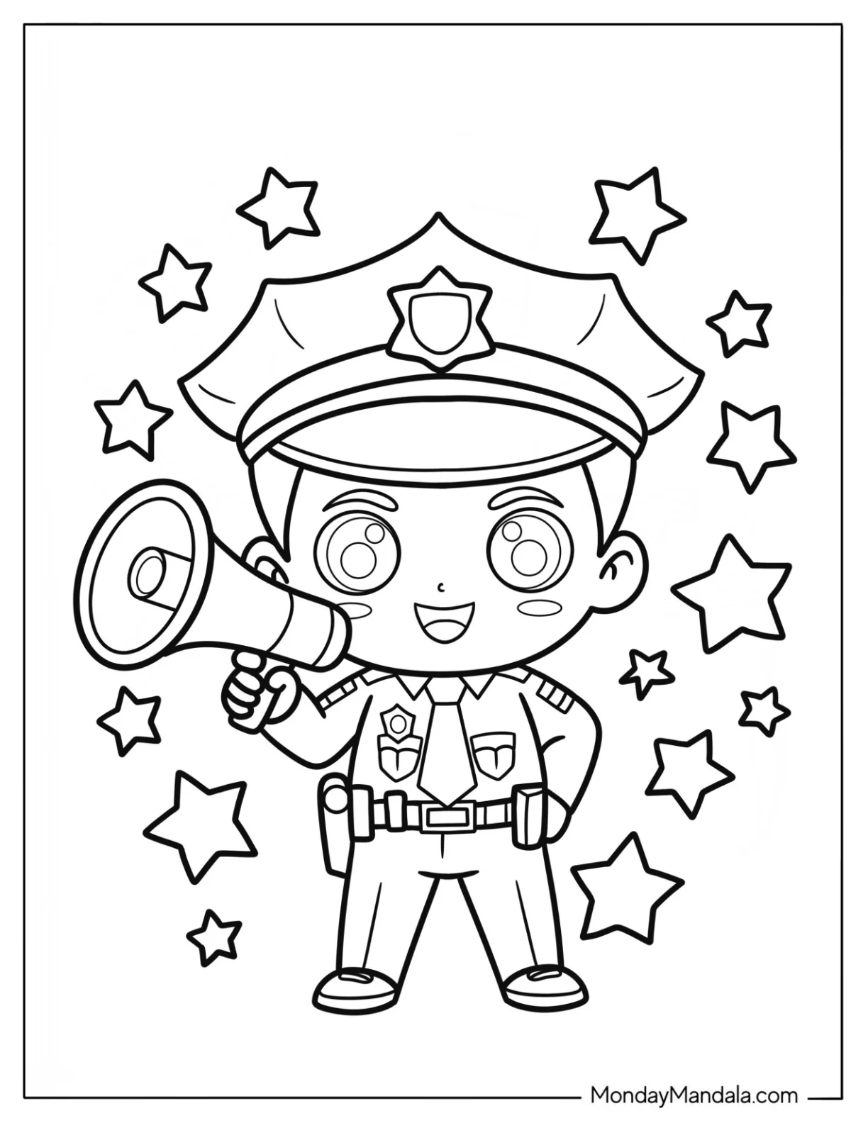 Cheerful Cartoon Police Coloring Page with Megaphone Surrounded by Stars for Kids coloring page