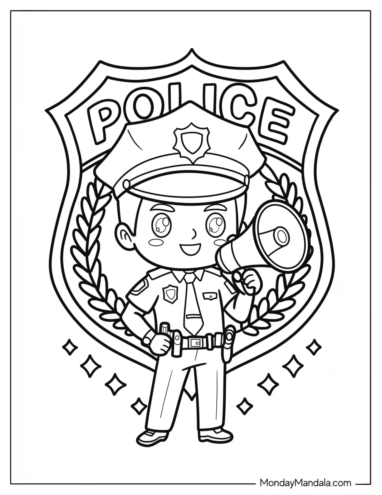 Chibi Police Coloring Page Cop in Front of Law Enforcement Emblem for Preschoolers coloring page