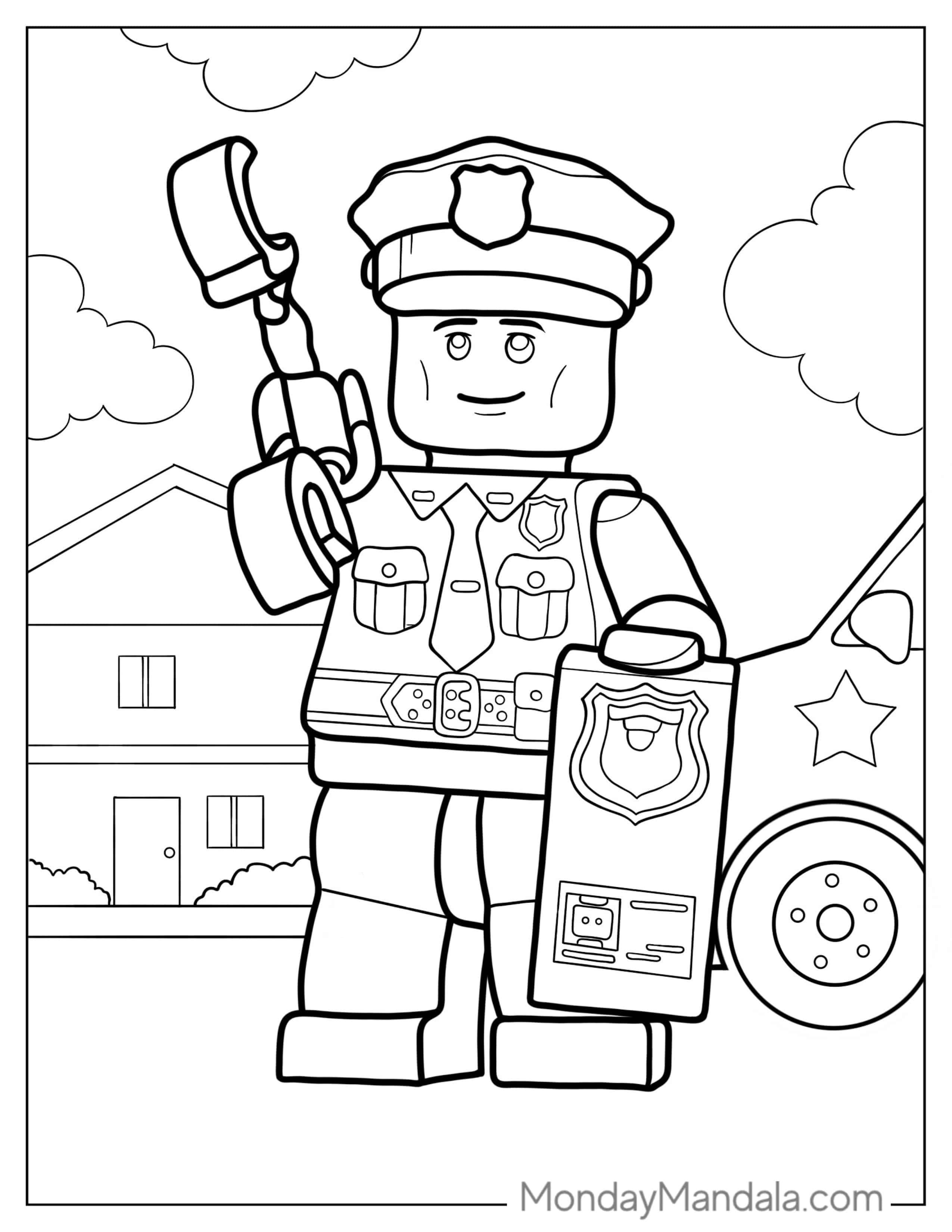 Coloring Page Of Lego Police Officer Holding Cuffs And Badge coloring page