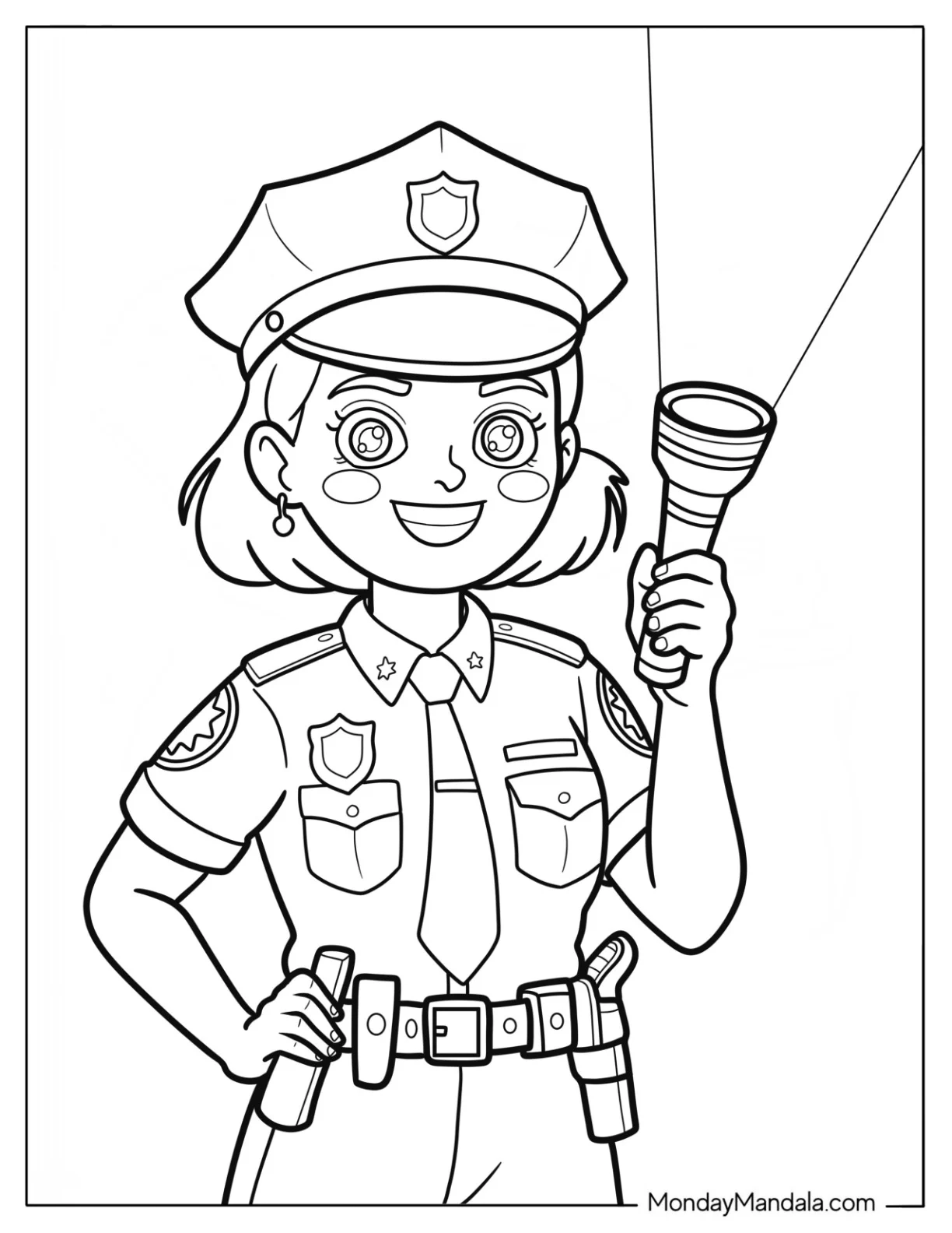 Cute Cartoon Lady Police Coloring Page on Patrol with Flashlight for Kids coloring page