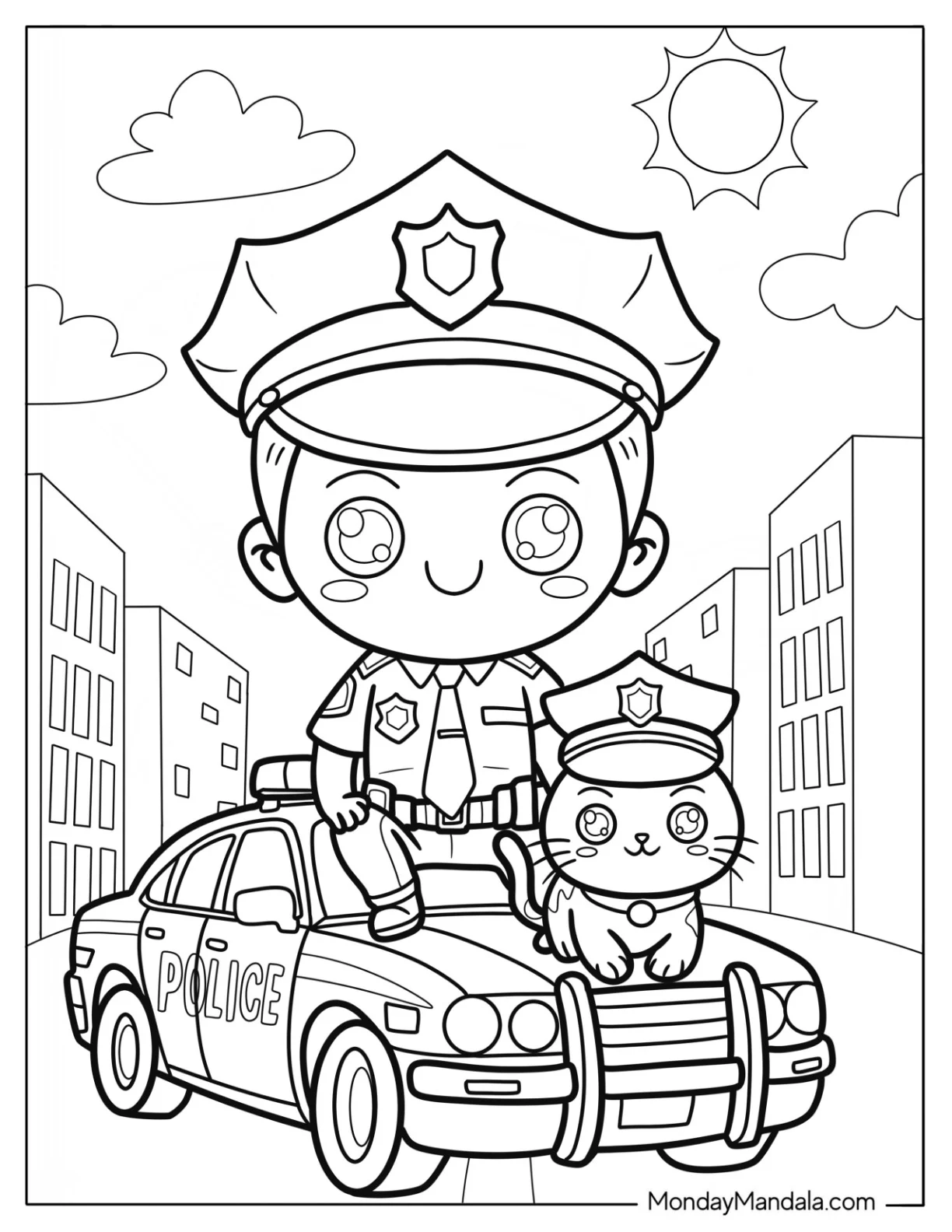 Kawaii Police Coloring Page with Patrol Car and Cat for Preschoolers coloring page — printable line art