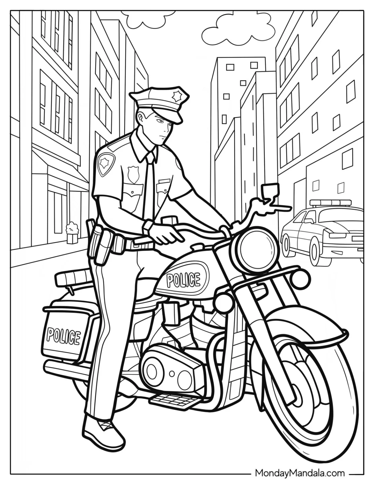 Motorcycle Police Coloring Page Patrolling City Streets coloring page