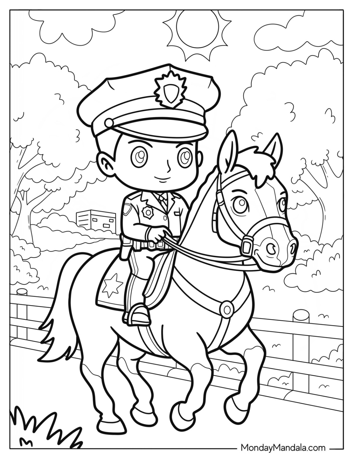 Mounted Patrol Police Coloring Page on Horse for Preschoolers coloring page — printable line art