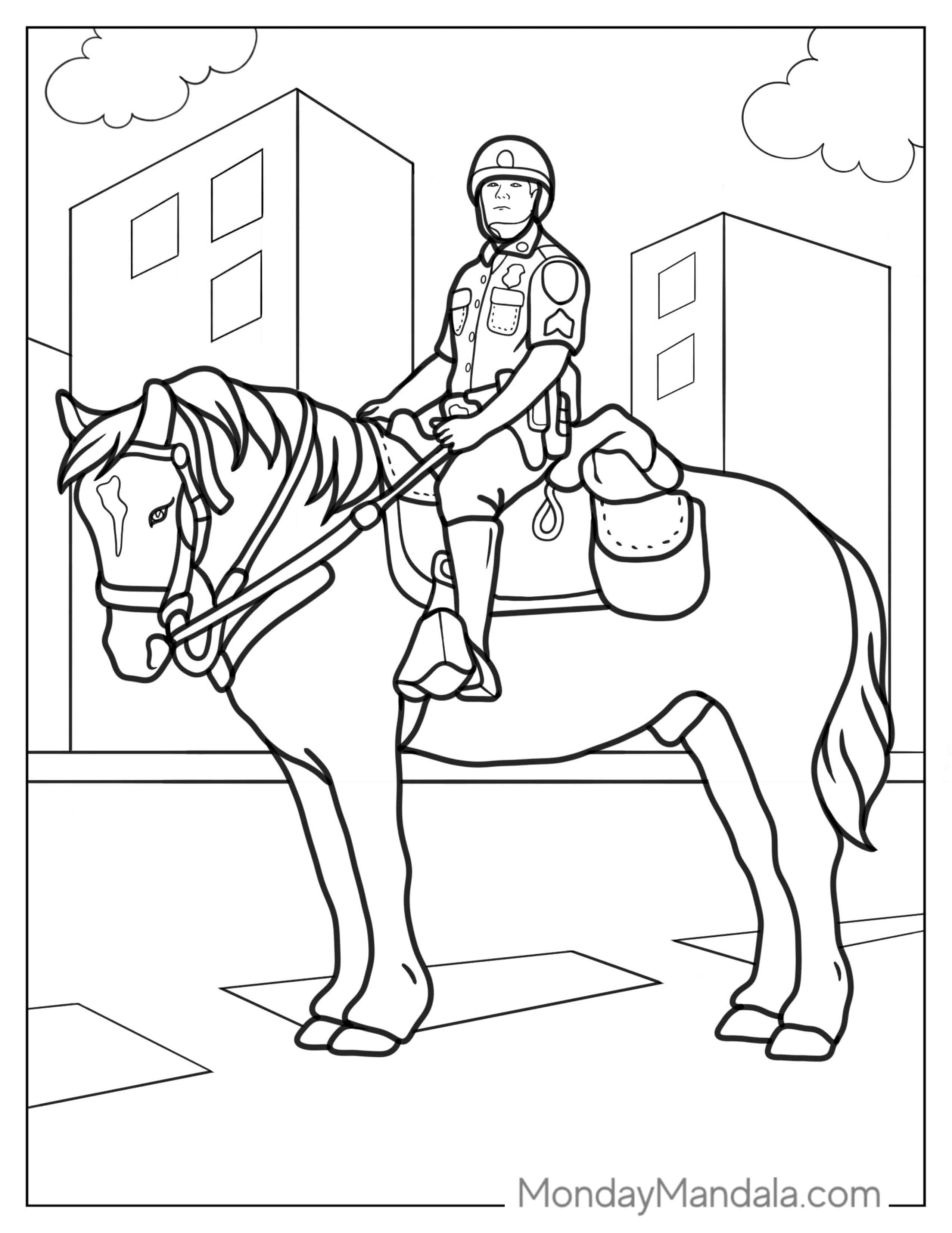 Mounted Police Officer On Horse To Color coloring page