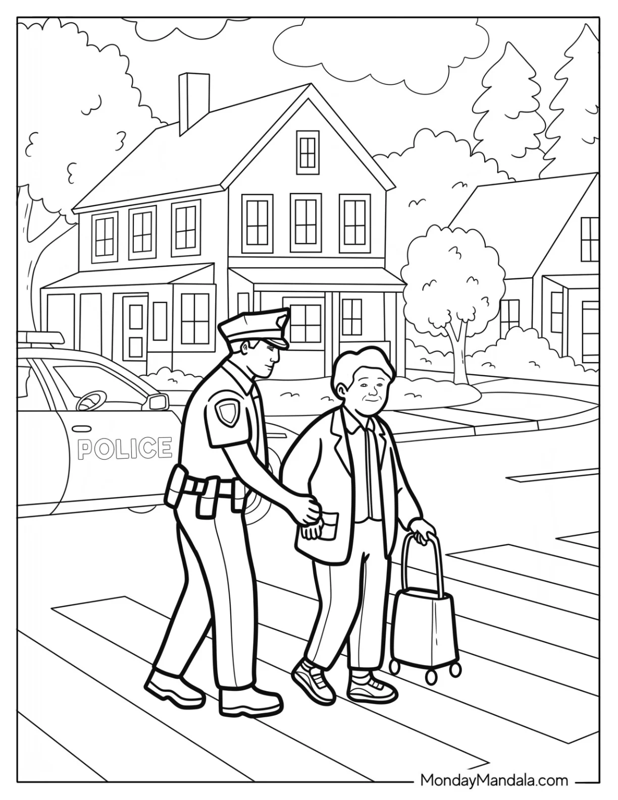 Police Coloring Page Assisting Elderly Man at Crosswalk coloring page