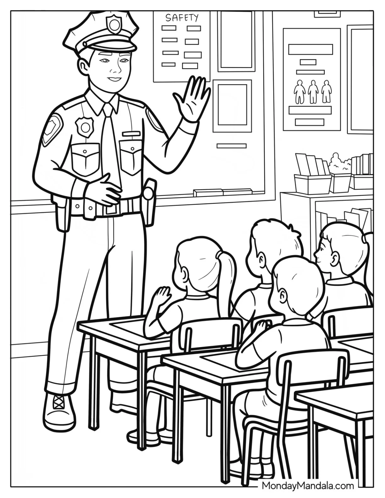 Police Coloring Page Giving School Safety Talk to Children coloring page