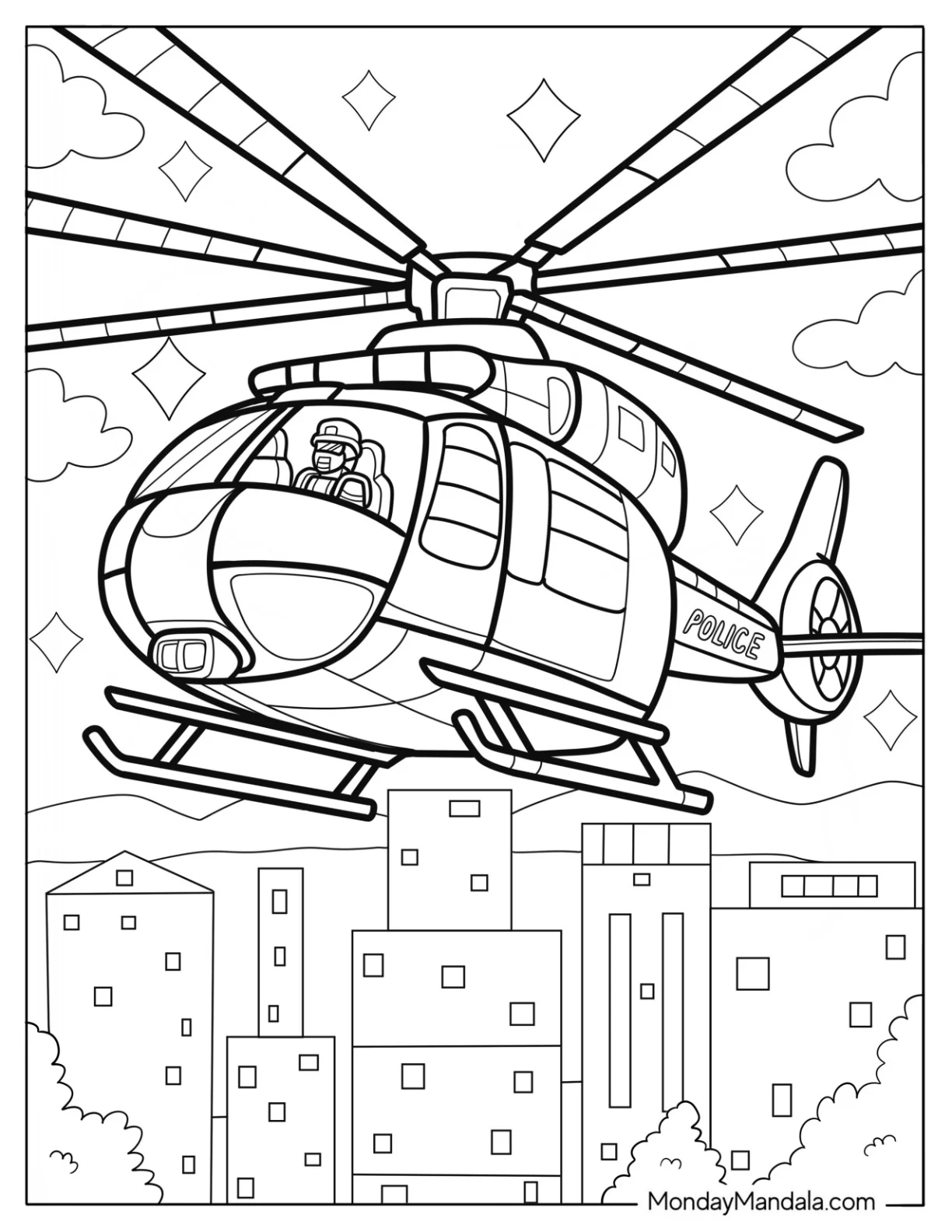 Police Coloring Page Helicopter Flying Over City Buildings coloring page — printable line art