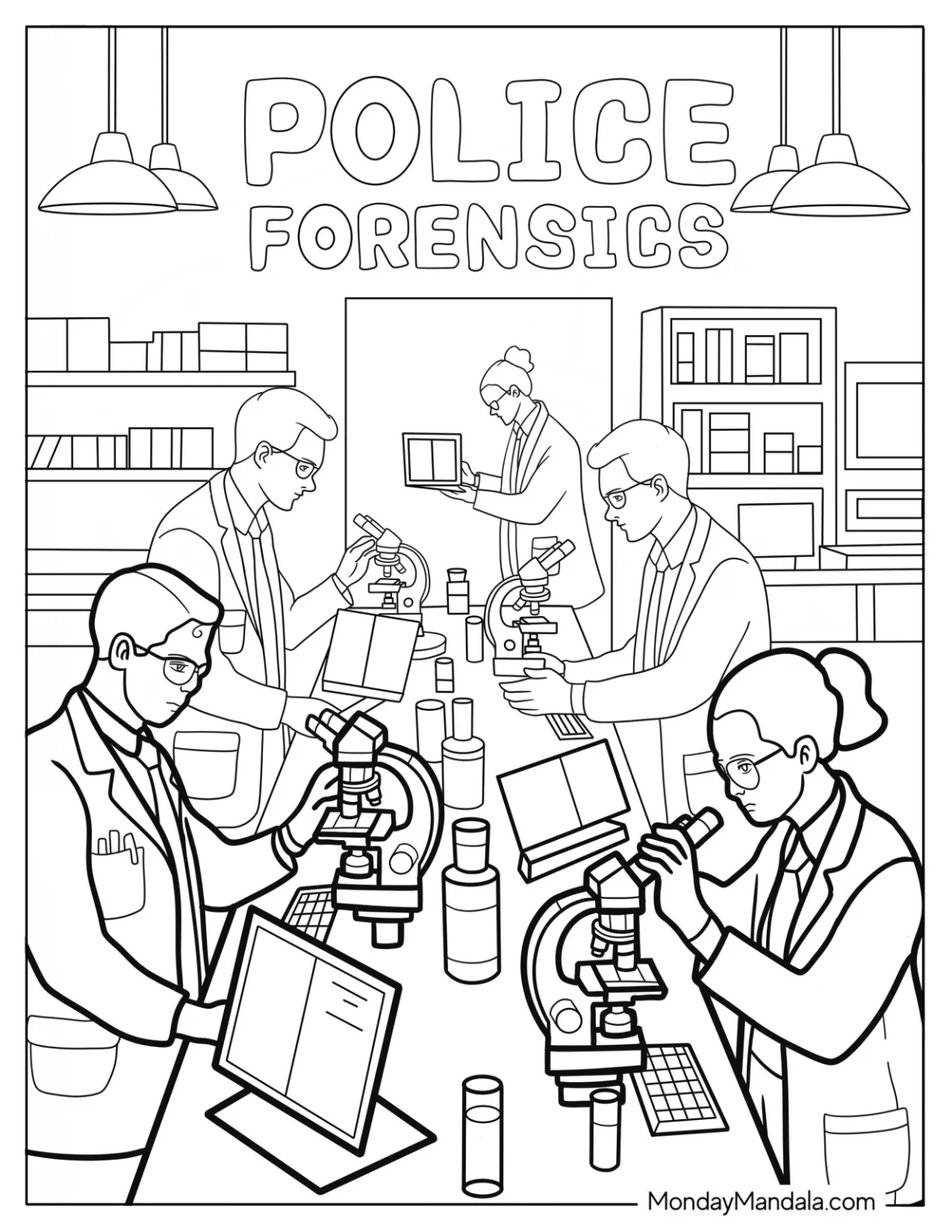 Police Coloring Page of Forensics Lab Scientists Analyzing Evidence coloring page — printable line art